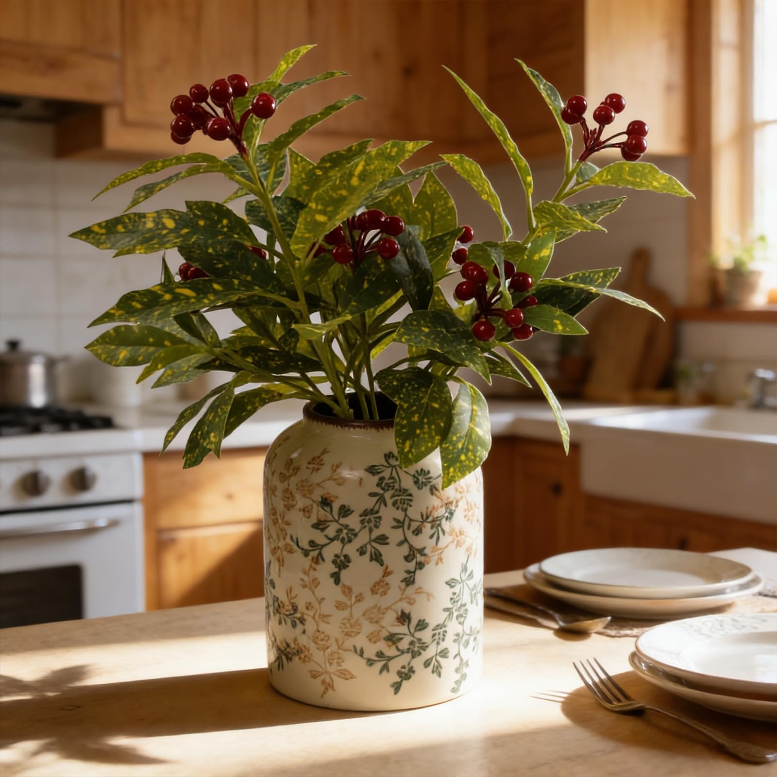 3 Pcs Artificial Green Plants for Vase, 18″ Indoor Fake Greenery Stems with R…