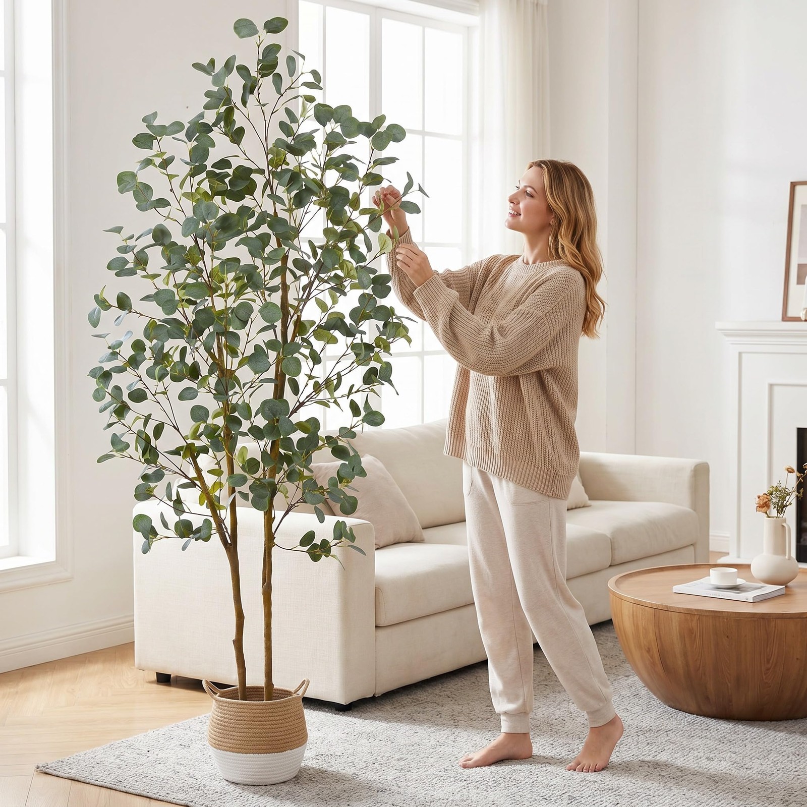 Artificial Eucalyptus Tree, 7ft Tall Silk Leaves Fake Plant with Basket for O…