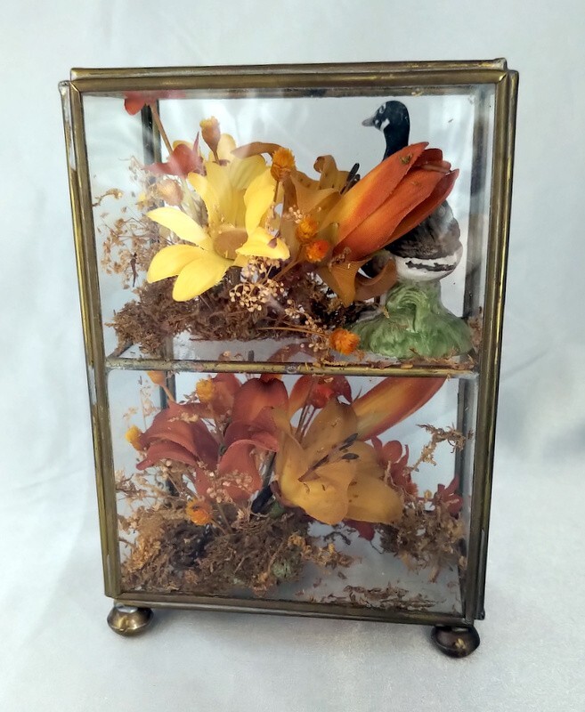 Lot (2) Vintage Octagon/Rectangle Glass Boxes w/ Dried Fall Floral Arrangements