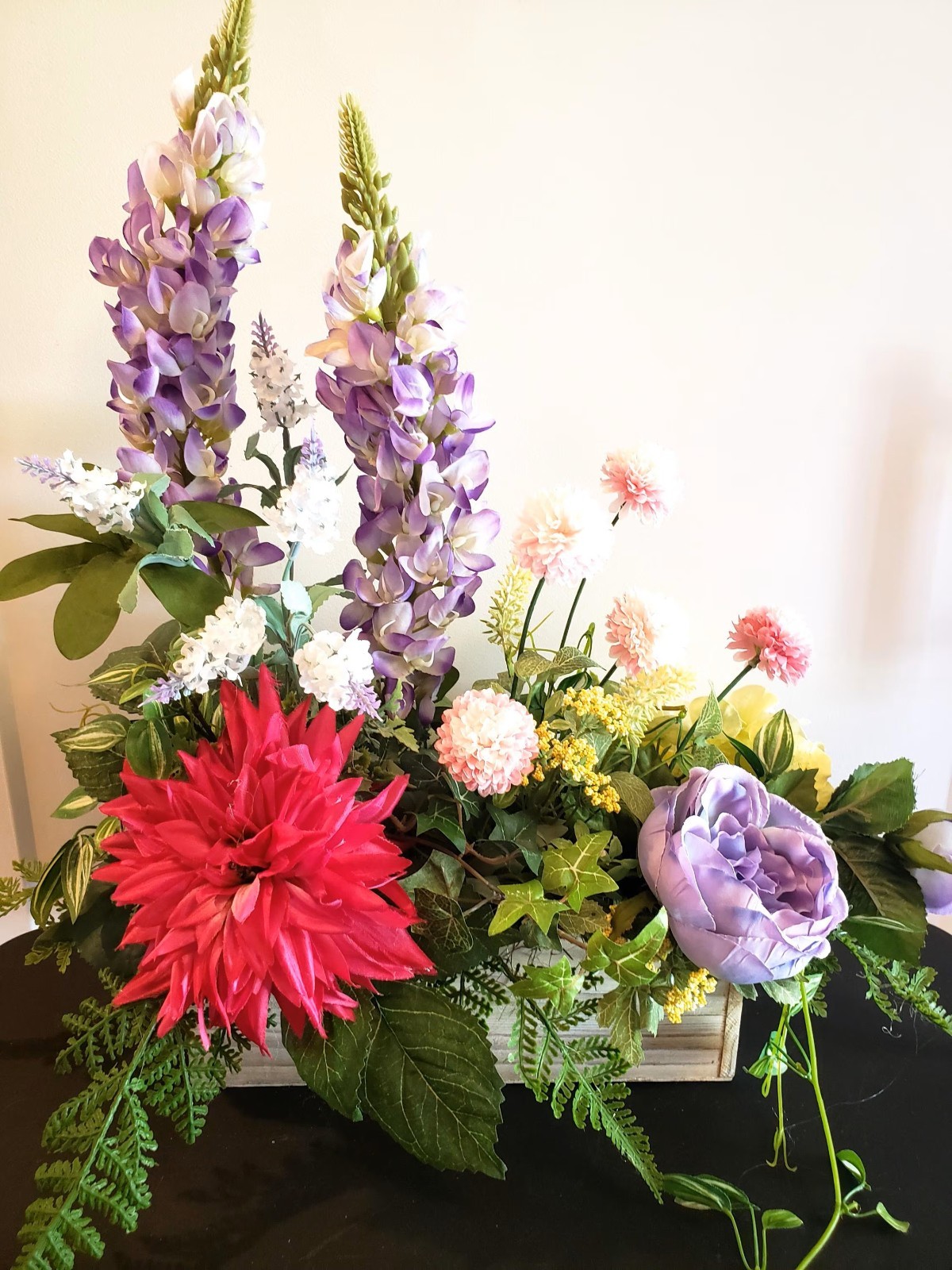 Silk Floral Arrangement: Spring Garden Cottage Style in Unfinished Wood