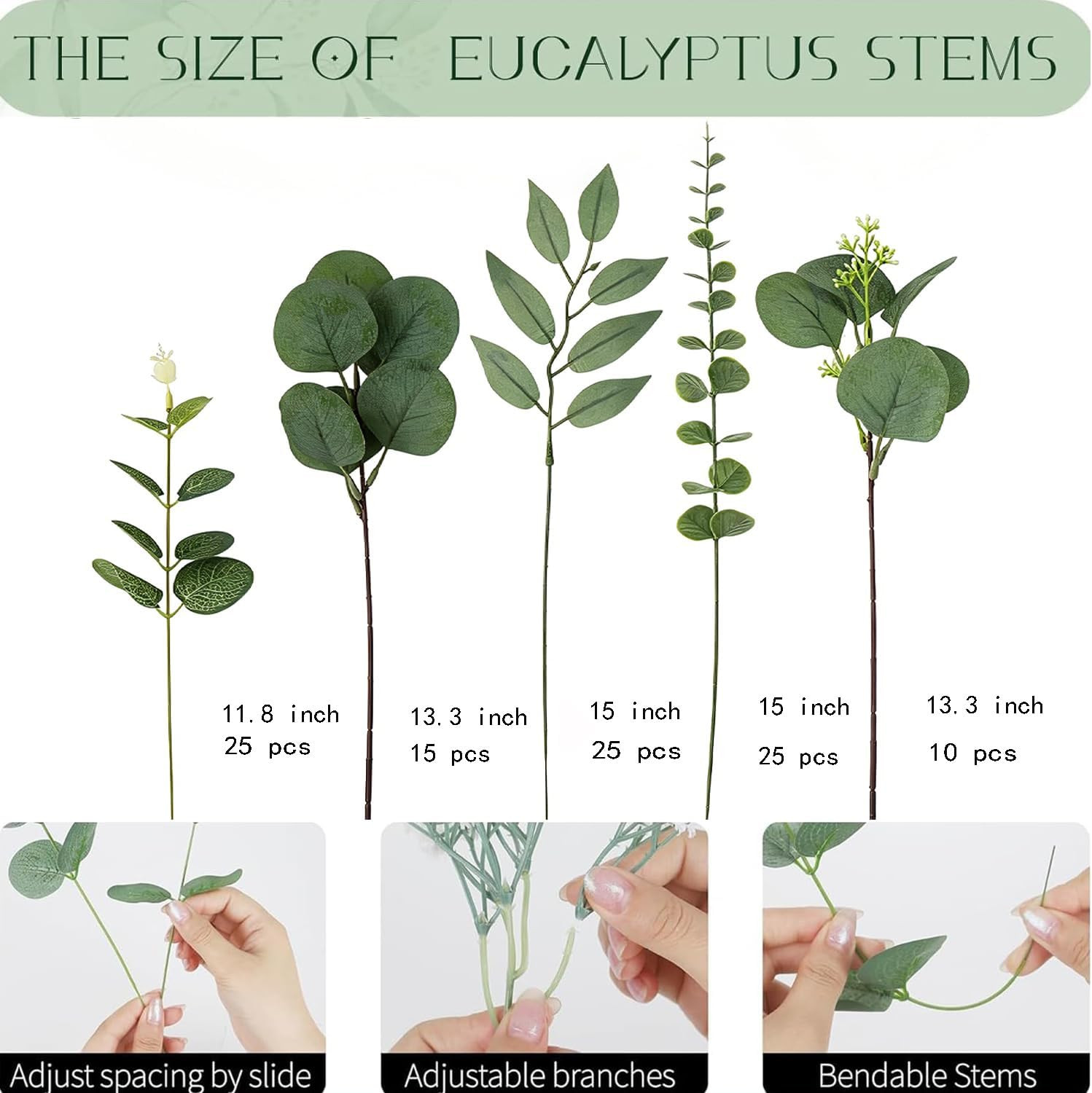 100 Pcs Artificial Mixed Eucalyptus Stems Leaves Bulk, 5 Kinds Fake Greenery Sil
