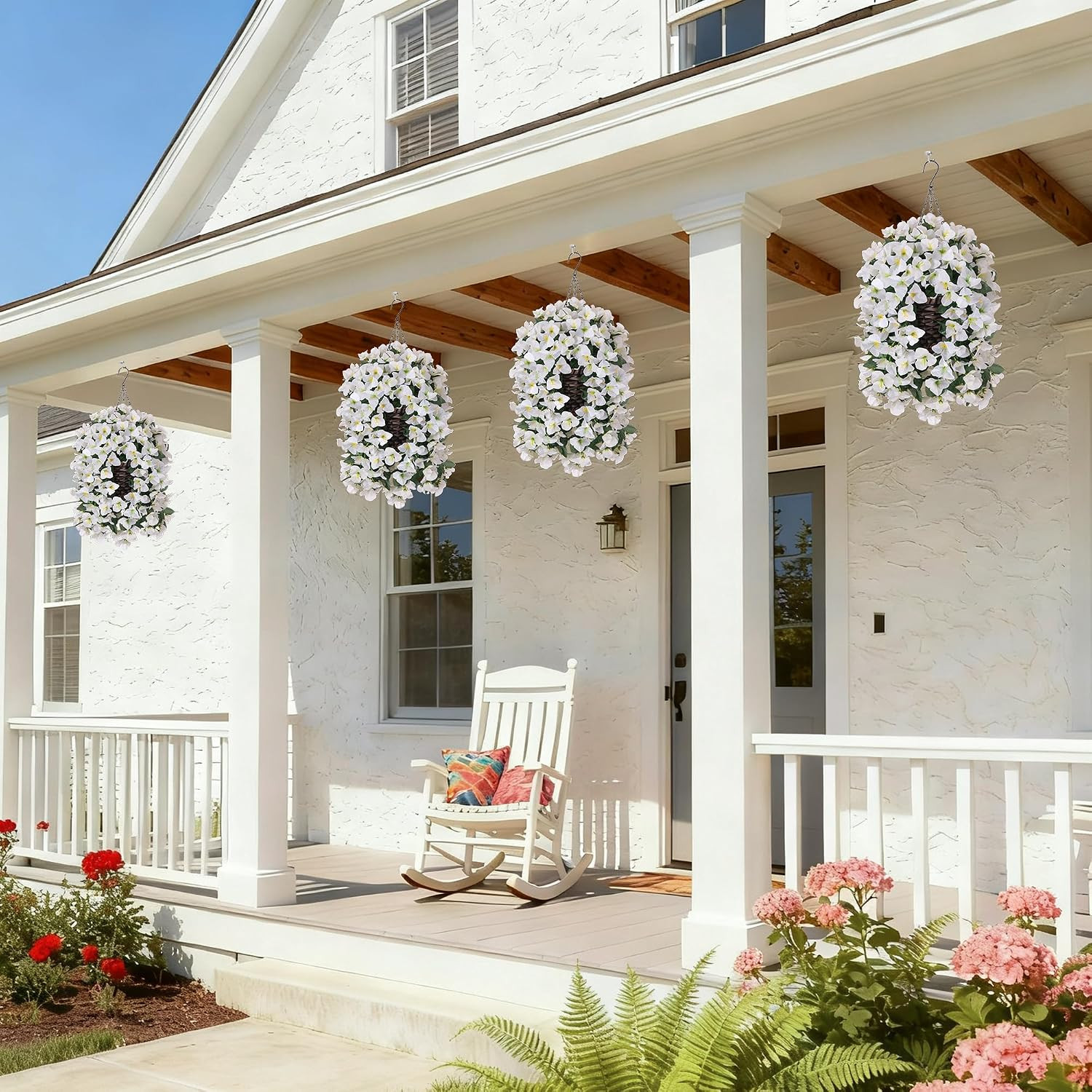 UV Resistant Bougainvillea Hanging Fake Flowers for Outdoor Decor – White