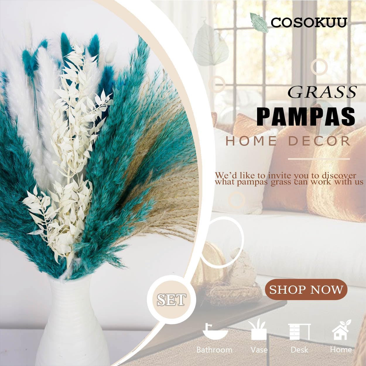 Pampas Grass Dried Flowers for Vase, Boho Home Decor, Wedding Decorations (Mixed