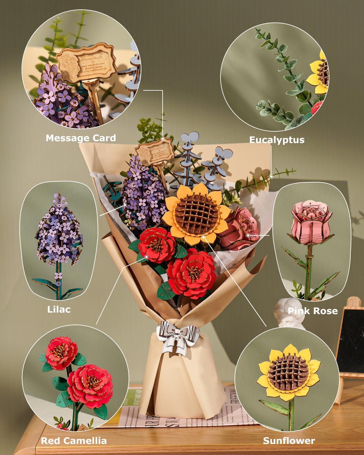 Forever Flowers Wooden Flower Bouquet Building Kit, Sunflower/Red Camellia/Pink