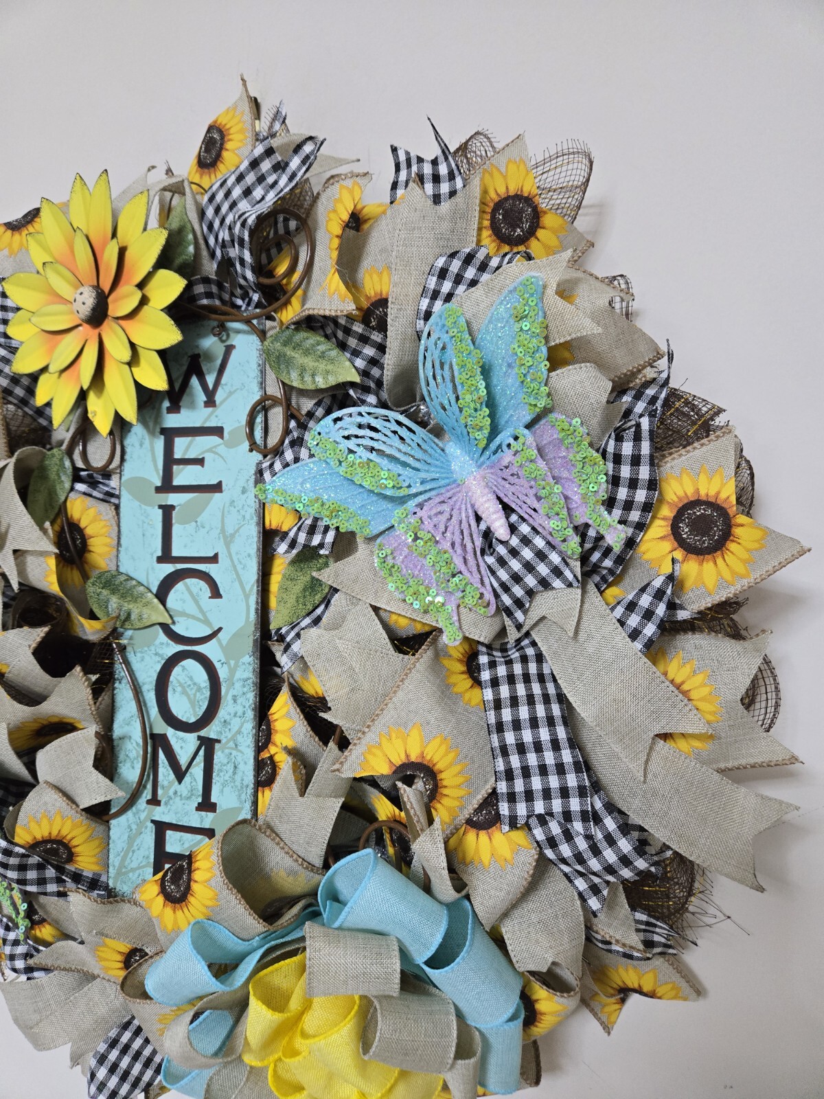 WELCOME Spring Summer Fall Front Door Wreath Wall Decor big Sunflower Butterfly