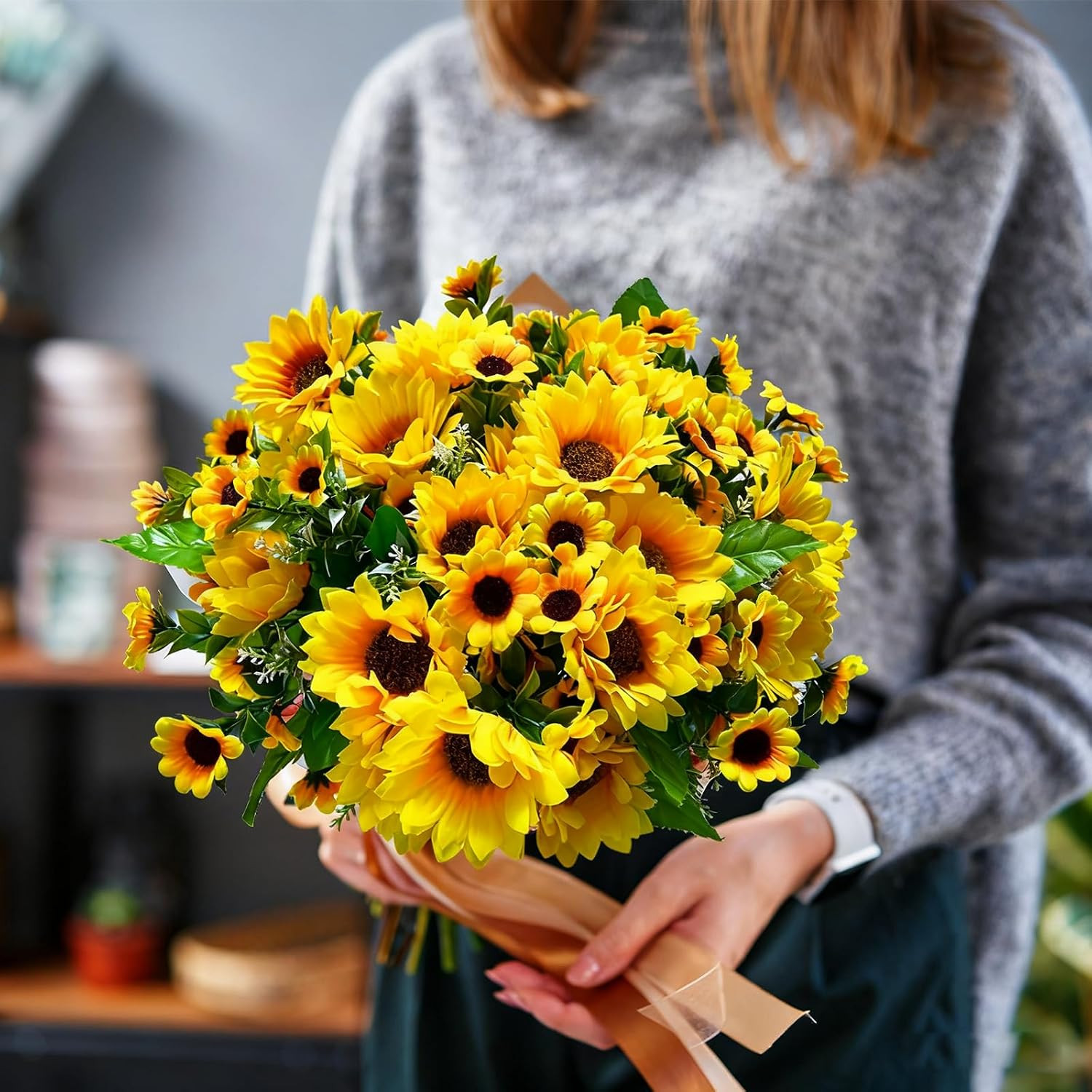 8Pack Artificial Sunflowers with Stems for Indoor Outdoor 12 Inch Fake Silk Sunf