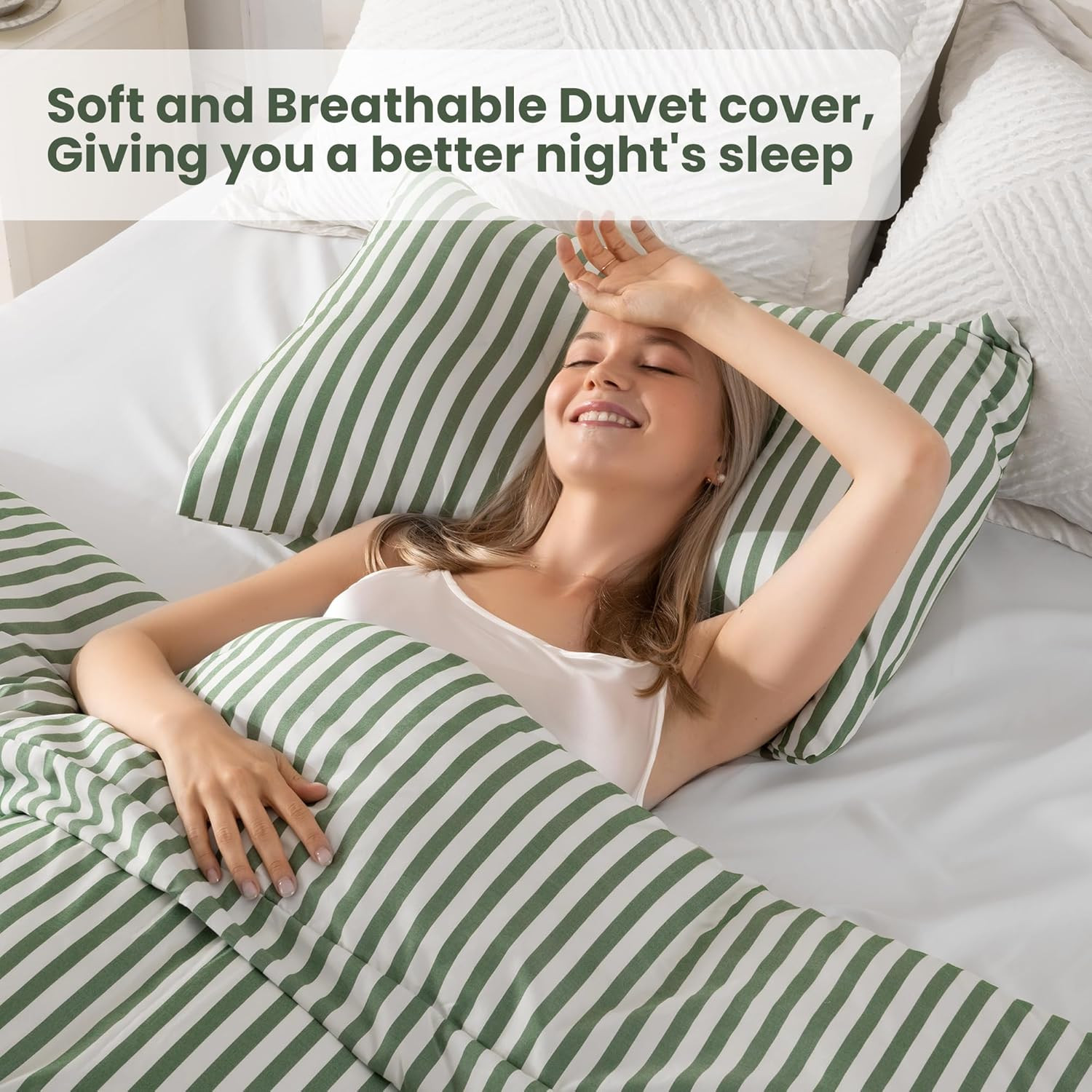 Soft Green Striped Queen Duvet Cover Set with Button Closure & Pillow Cases