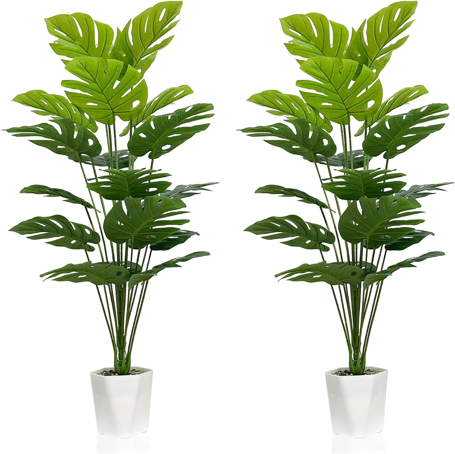 Set of 2 Artificial Monstera Deliciosa Plants in Pots, Fake Tropical Palm Tree w