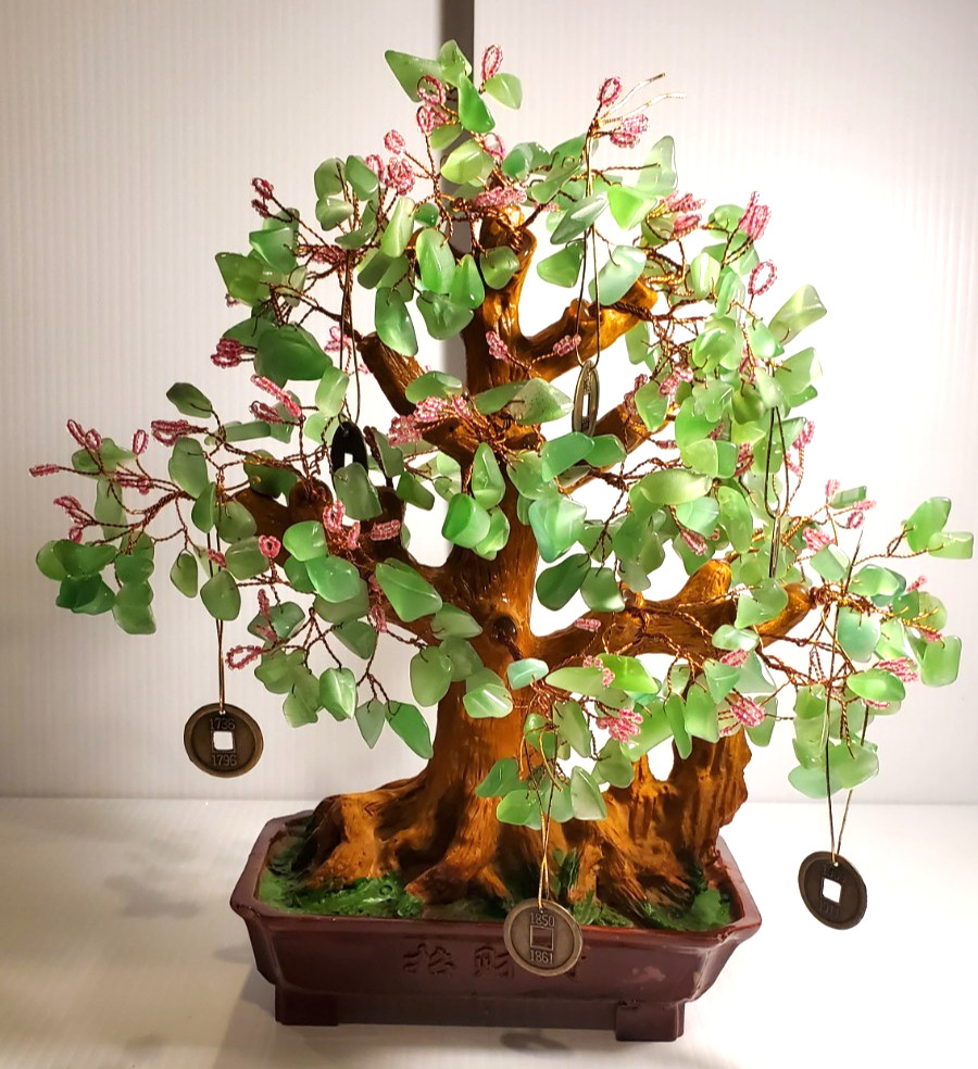 Vintage Bonsai Pink Flowers Green Glass Leaves Good Luck Money Coin Tree