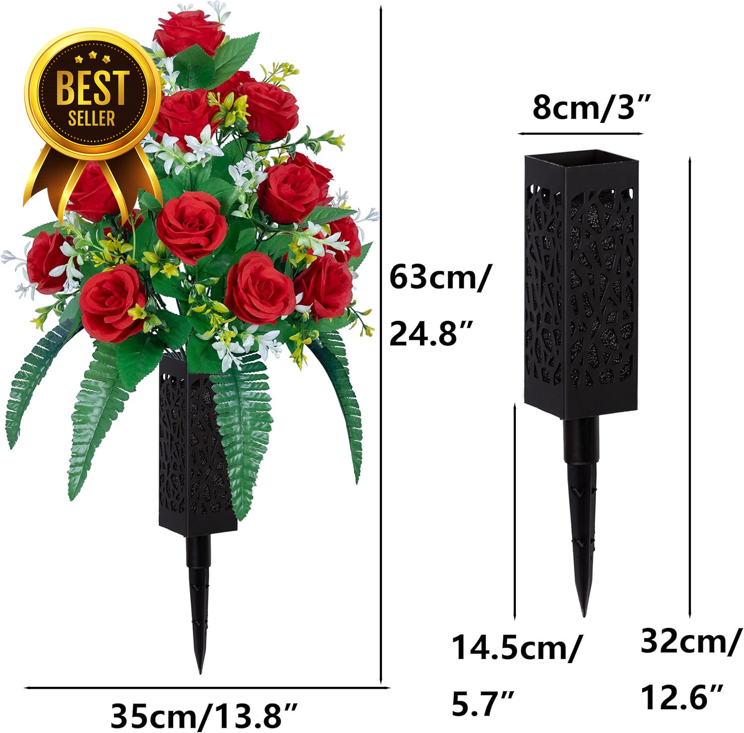 2 Sets Artificial Cemetery Flowers Grave Decorations Roses with Nail Vases Red