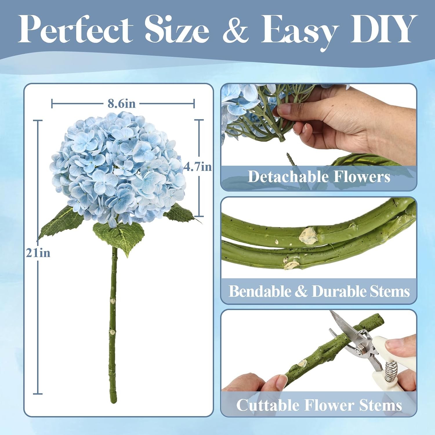 3Pcs 21″ Real Touch Blue Hydrangea Artificial Flowers, Realistic Latex Faux H…