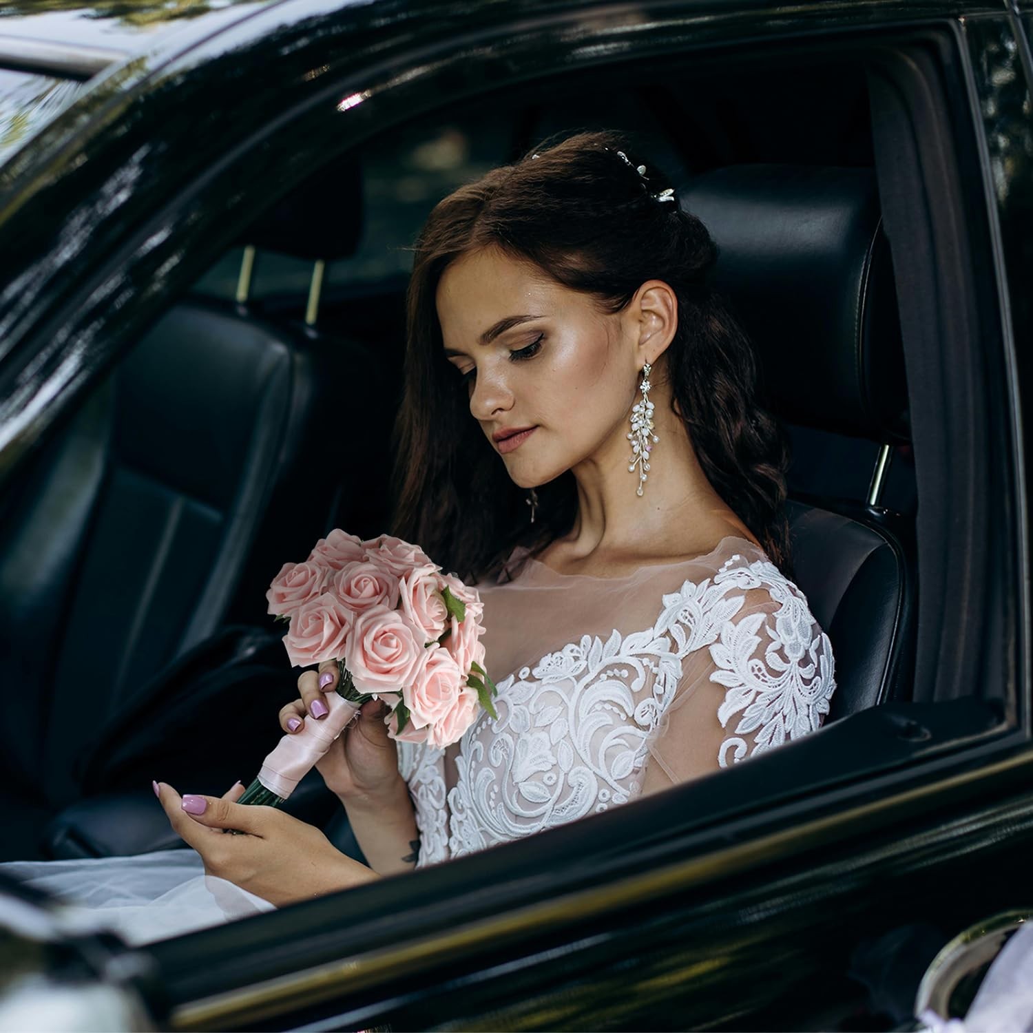 100 PCS Light Pink Real Looking Foam Artificial Fake Roses Wedding Bouquet