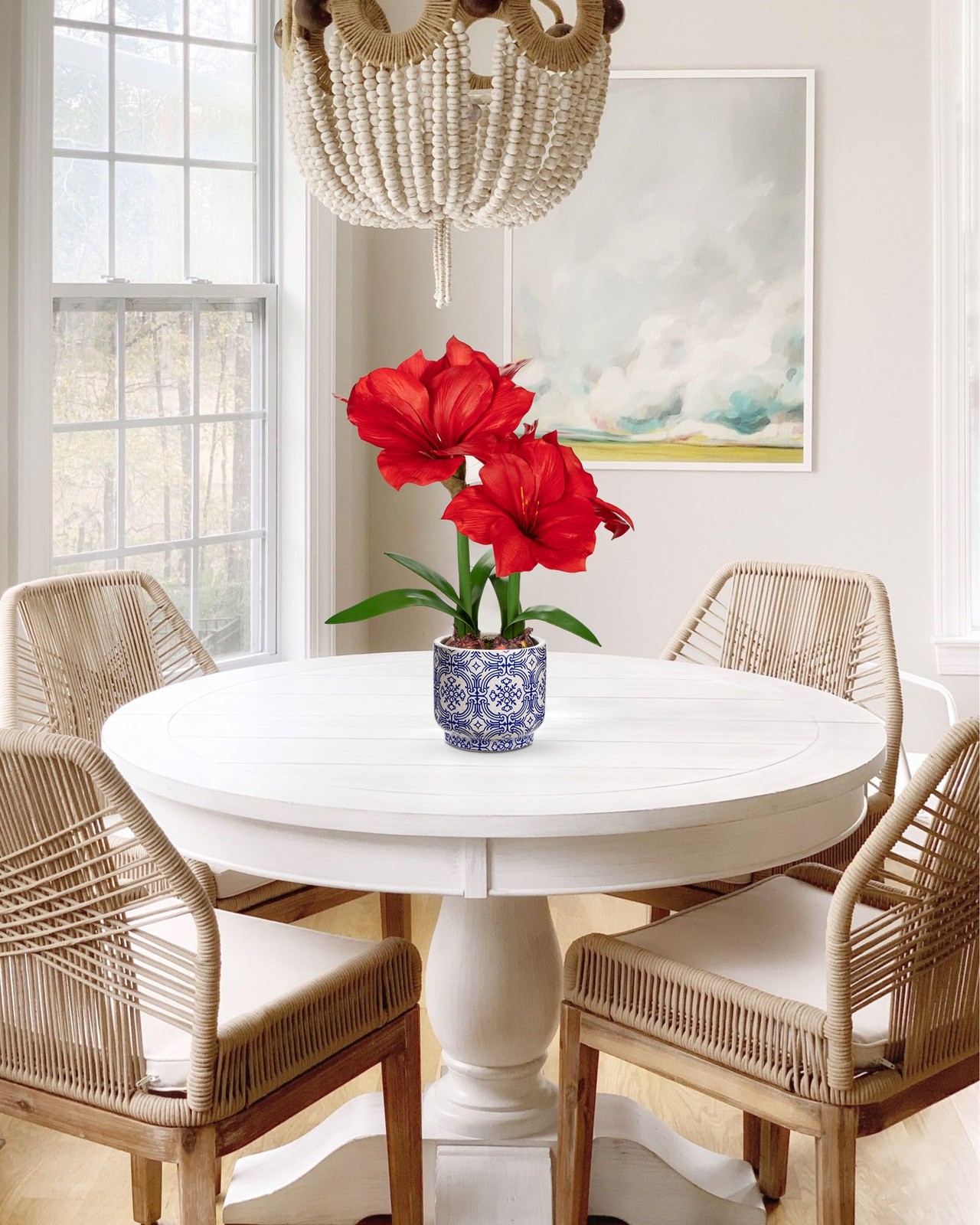 Red Amaryllis Artificial Flowers in Blue Ceramic Pot 18.1″ Faux Amaryllis Flo…