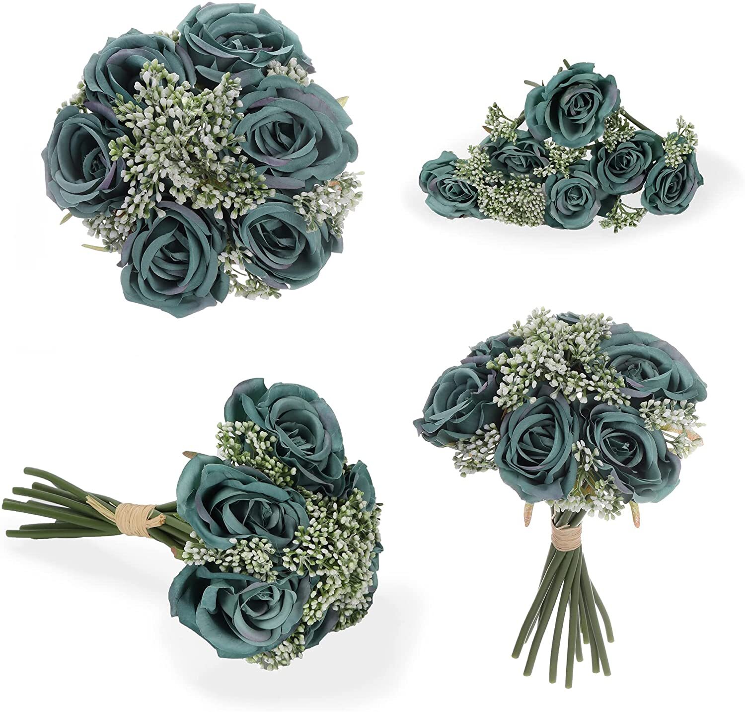 4 PCS Bouquet Dark Green Rose Fake Artificial Flowers with 24 Heads Decoration