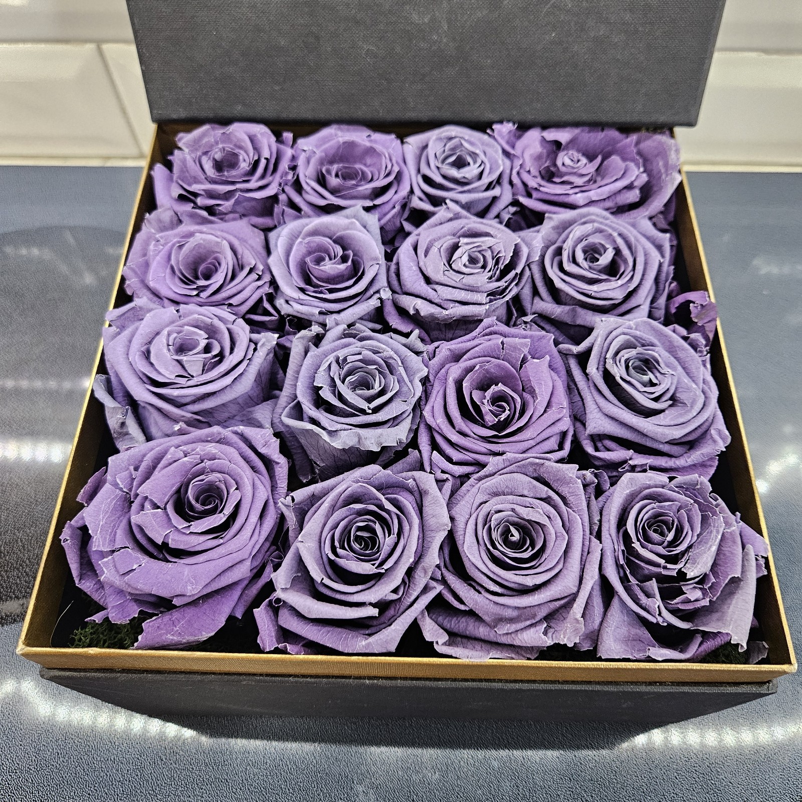 Forever Purple Roses Preserved Eternal Flowers Luxe Bloom 16 in Square Gift Box