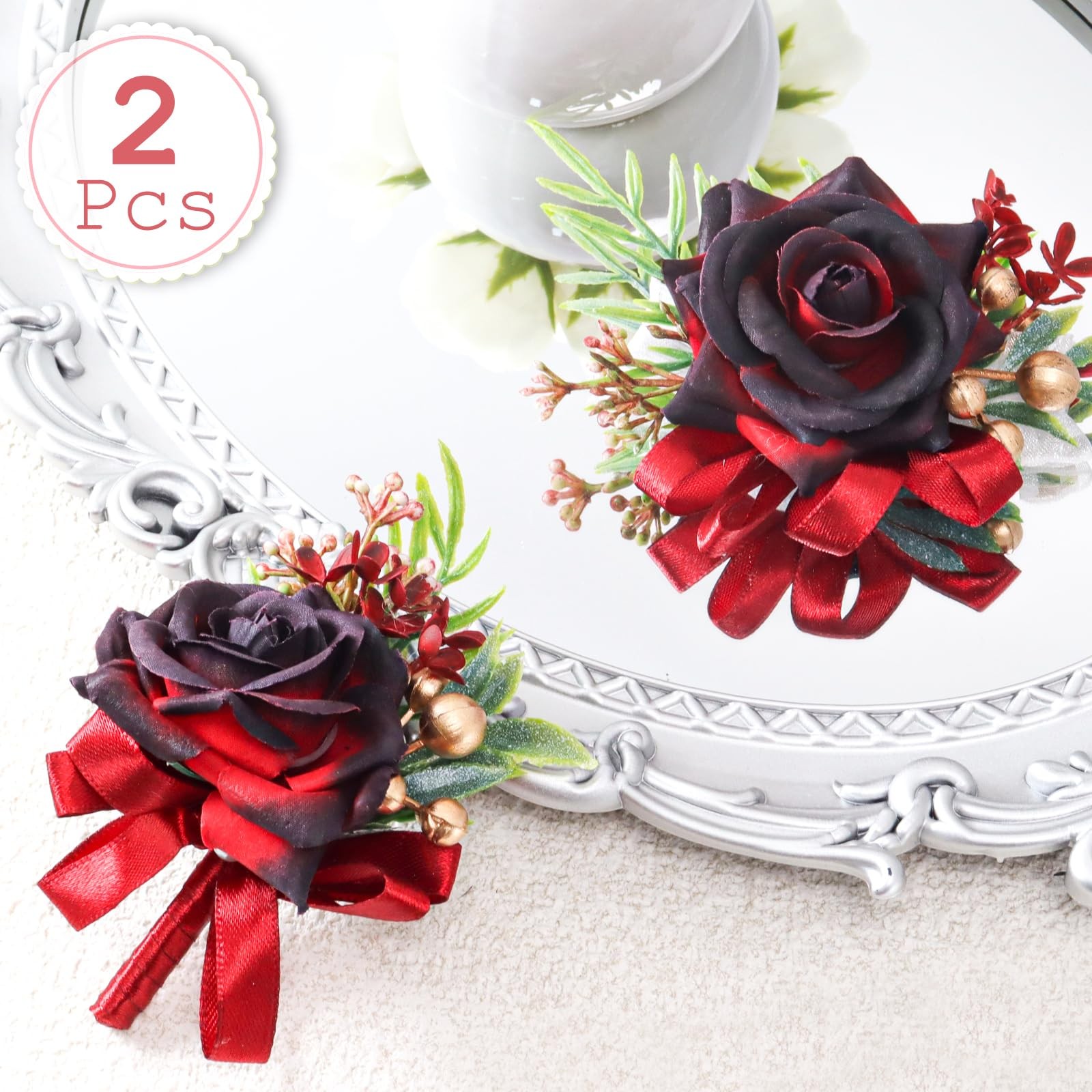 2 Pcs Wine Red Rose Wrist Corsage and Boutonniere Set, Rose Corsage Hand for …