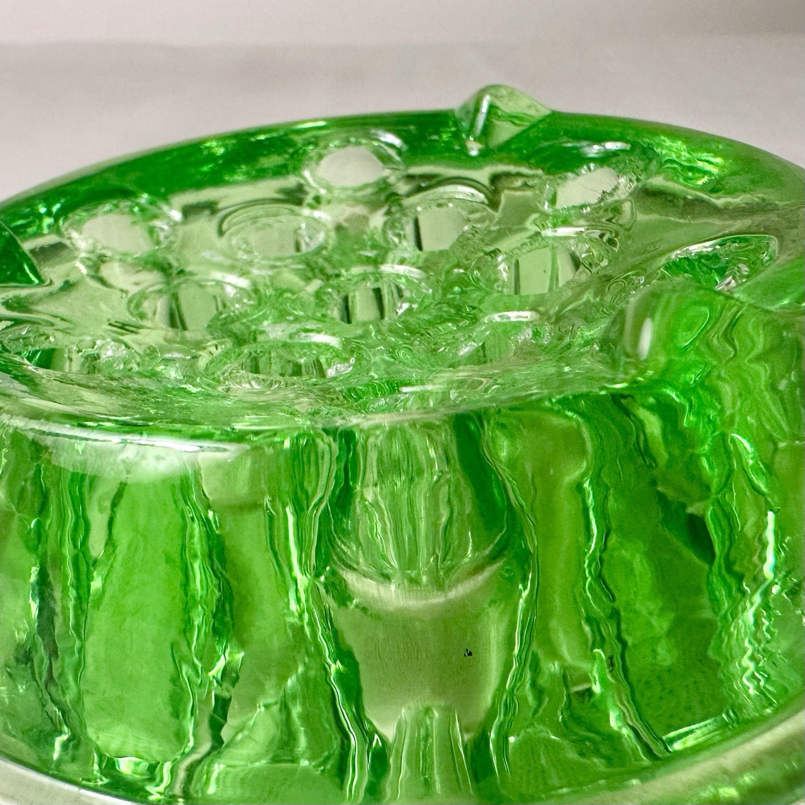 Vintage Vaseline Uranium Glass 13 holes 4 Inch Flower Frog UV Glows Green