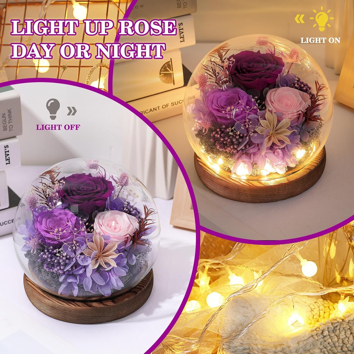 Preserved Eternal Rose in Glass Dome Led Light Flower Mothers Day Gifts for Mom