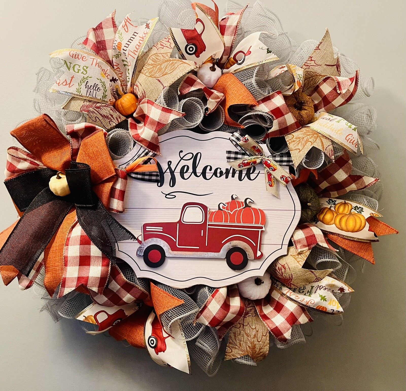 Fall Autumn All Occasion Red Truck Farmhouse Handmade Deco Mesh Door Wreath