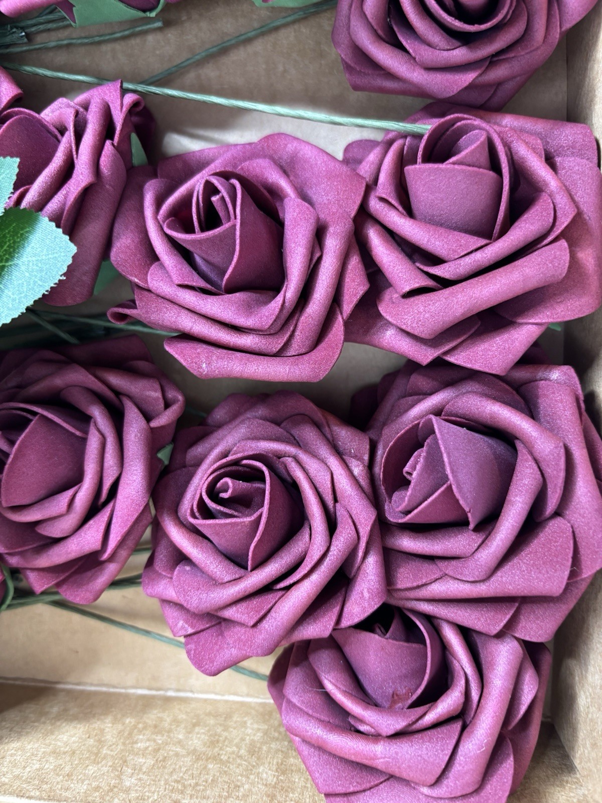 Artificial Flowers Real Look Burgundy Foam Roses 16 stems & 7 Greenery