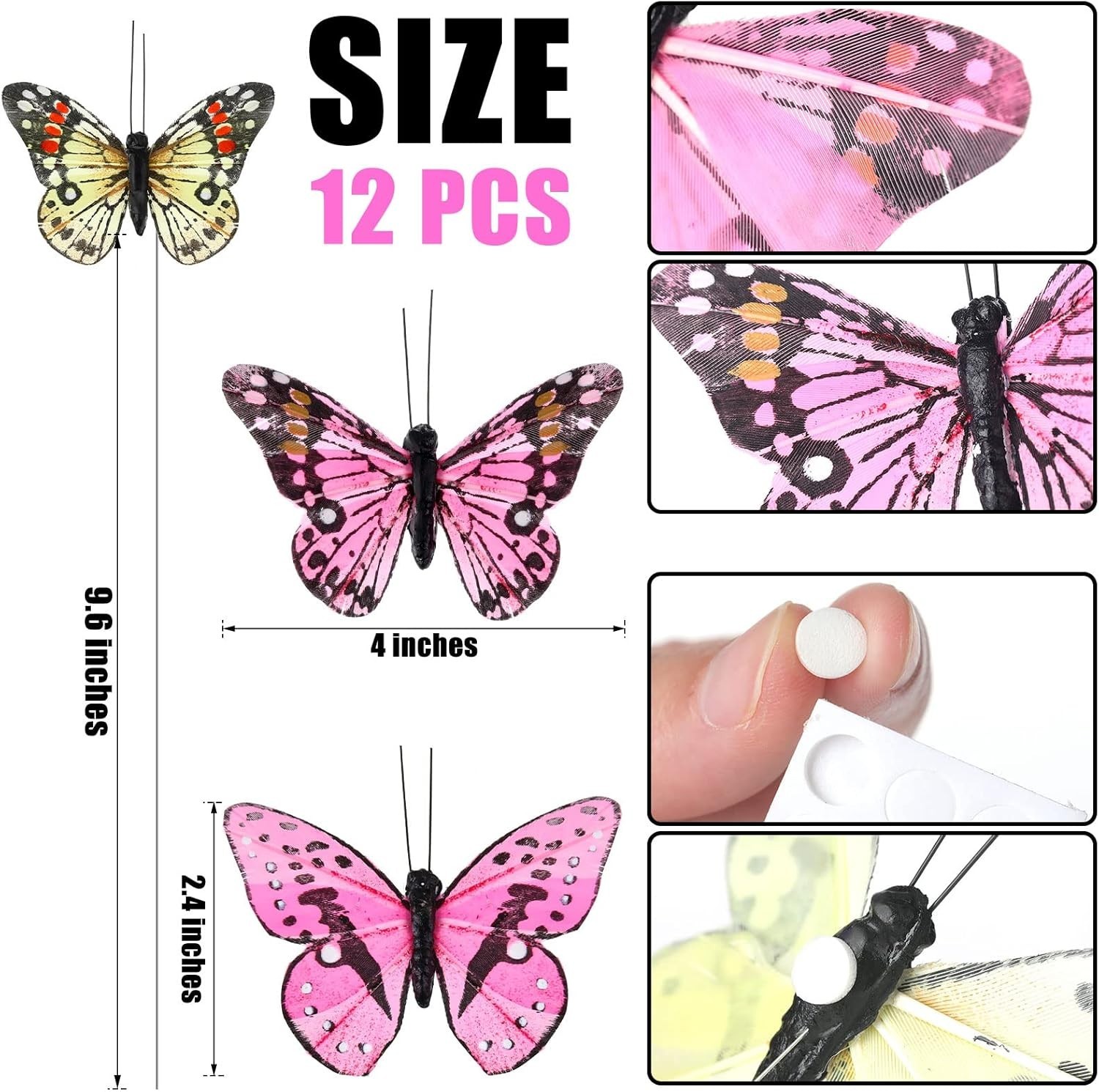 -Feather Fake Butterfly for Craft Decoration Set of 12 with Wire Wedding Home Fl