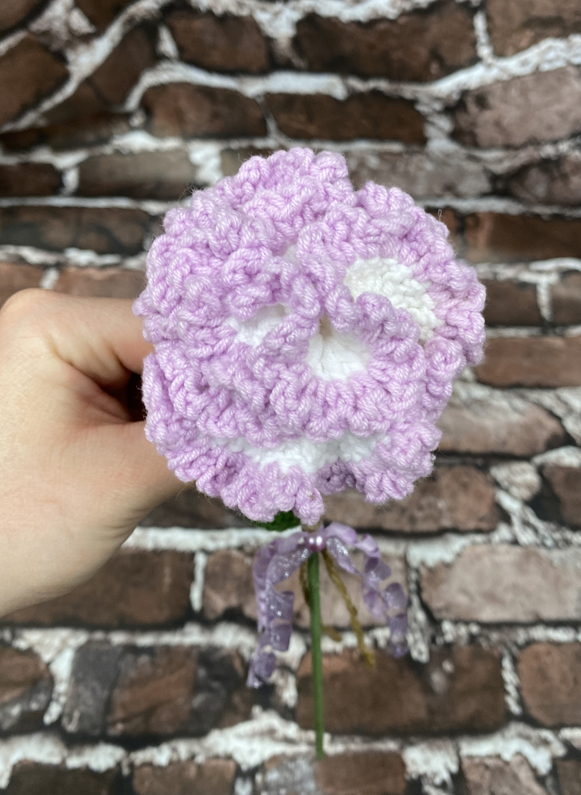 Handmade Crochet Knitted Flower Bouquet – Purple & White Carnation with Ribbon