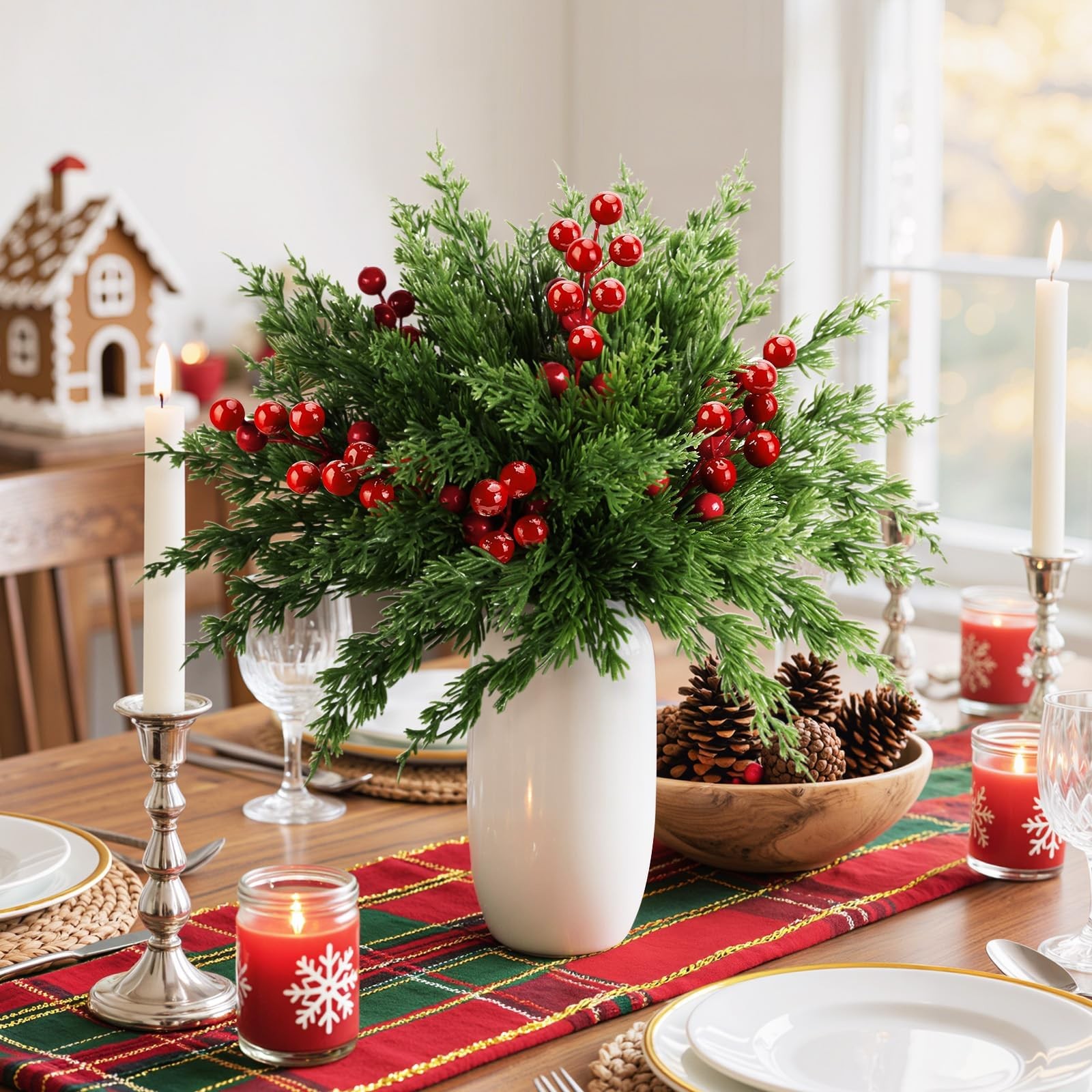 45 PCS Artificial Norfolk Pine Stems with Red Berries Decor, Christmas Greene…