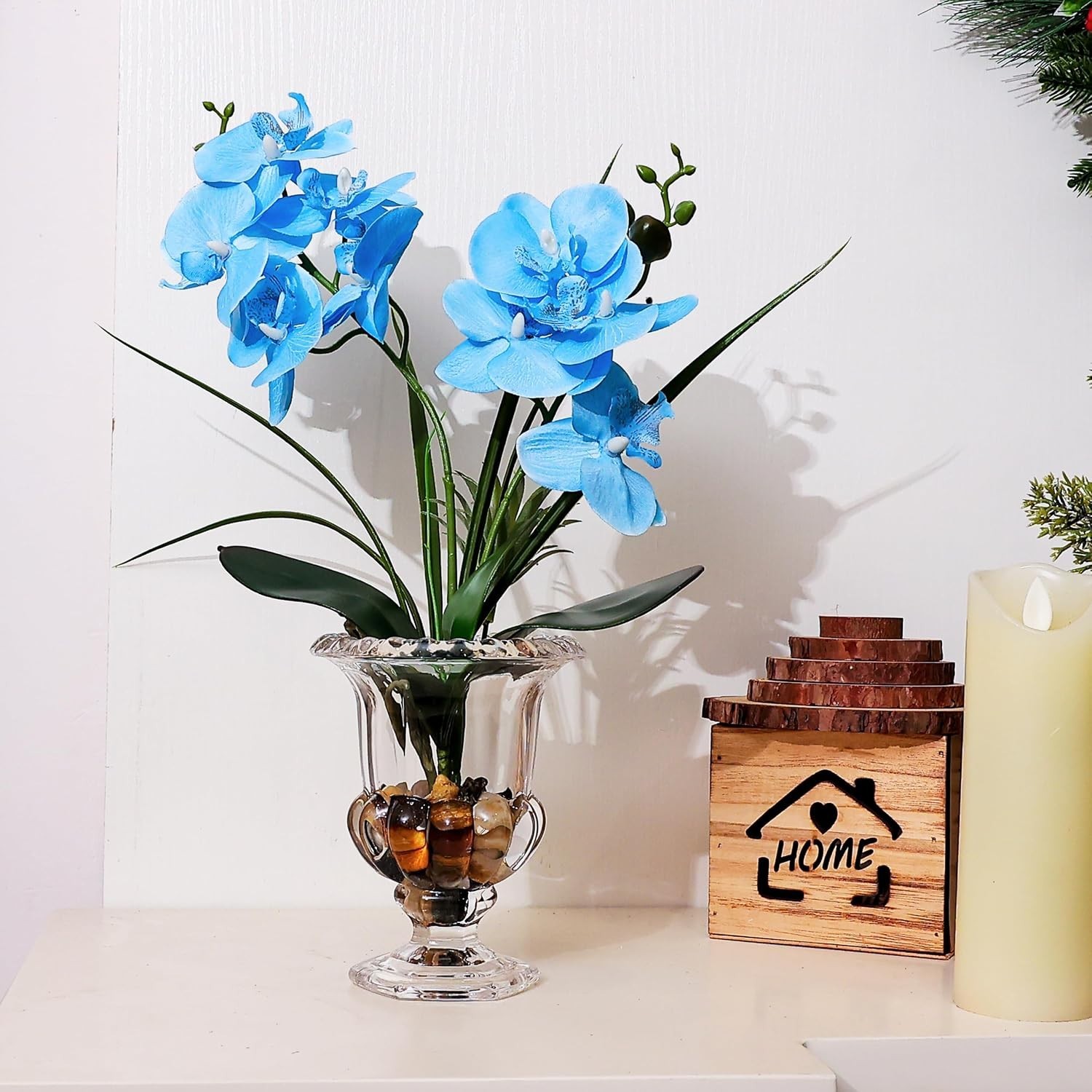 Elegant Artificial Blue Orchid in Weighted Glass Vase – 14.5 Inch Centerpiece
