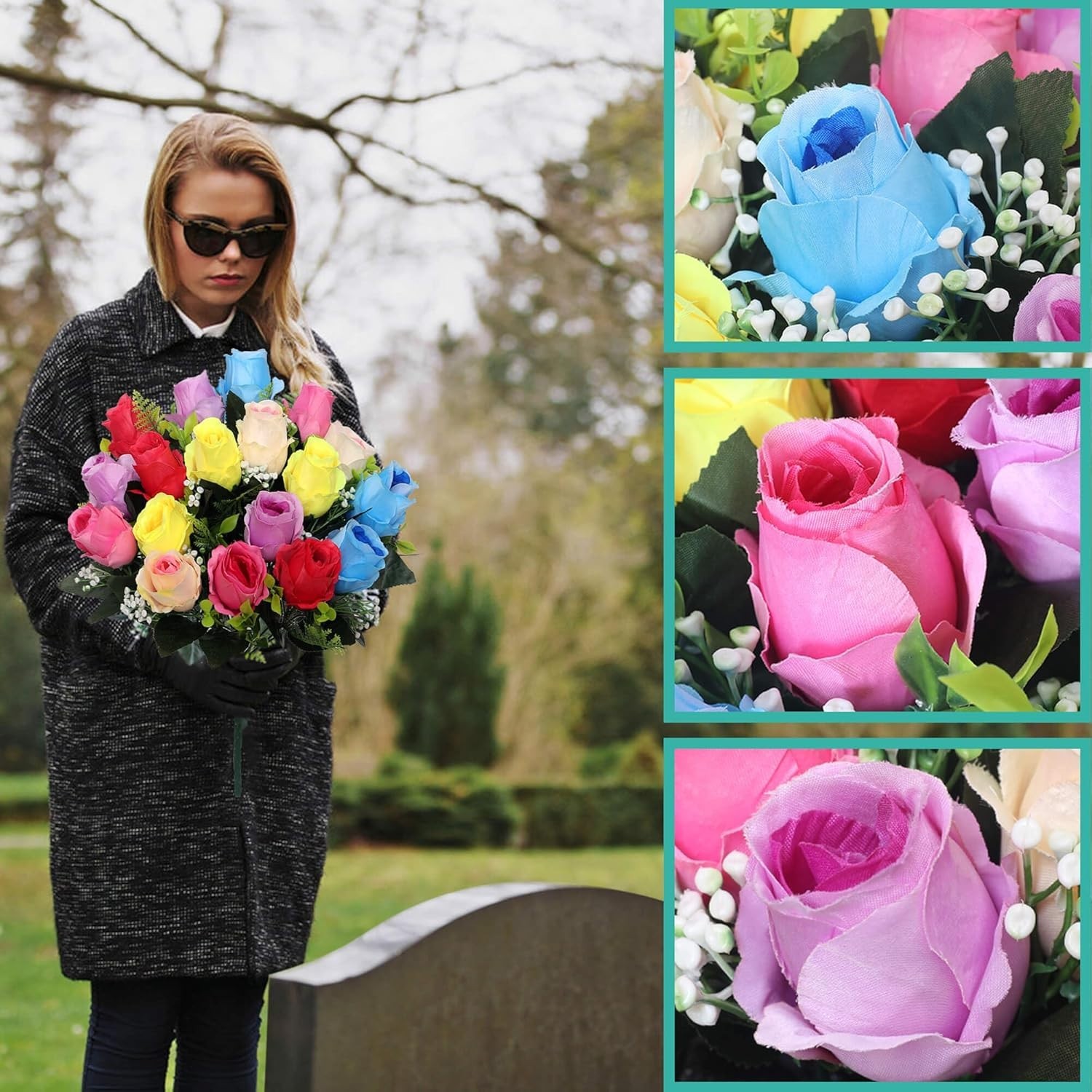Artificial Cemetery Flowers, Set of 2 Artificial Rose Bouquet Memorial Flowers