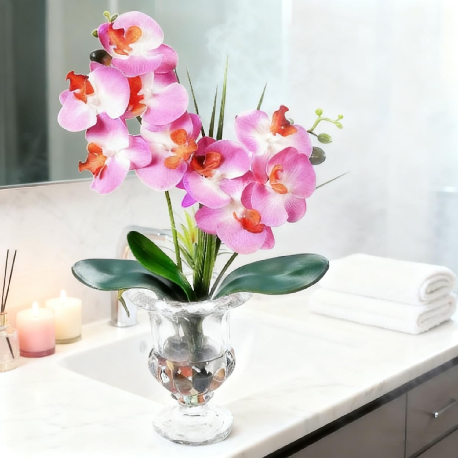 Artificial Purple Orchid Centerpiece, 14.5 Inch Phalaenopsis in Glass Vase wi…