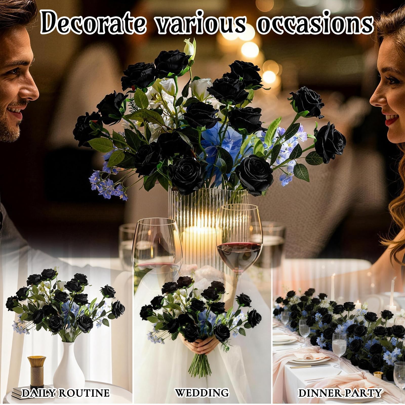 12 Pcs Artificial Flowers Black Roses, Real Touch Fake Flowers with Stem Foam…
