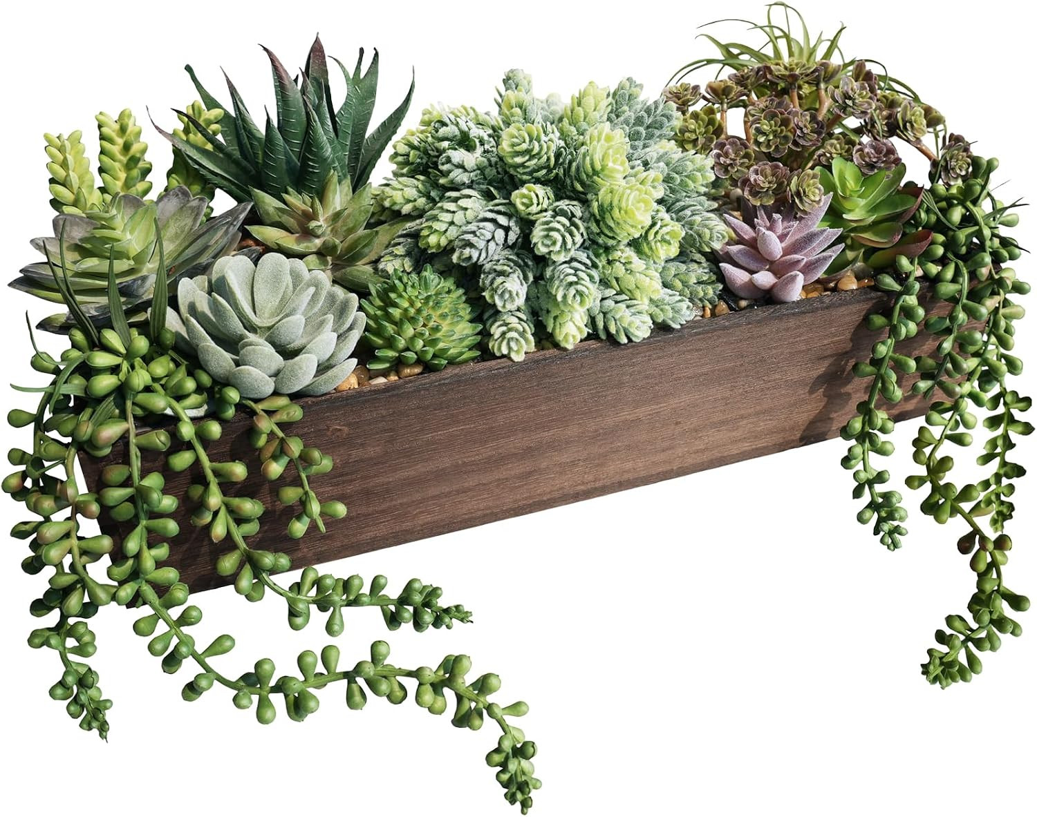 15″ Artificial Succulents Arrangement Faux Succulents in Rectangular Black Woode