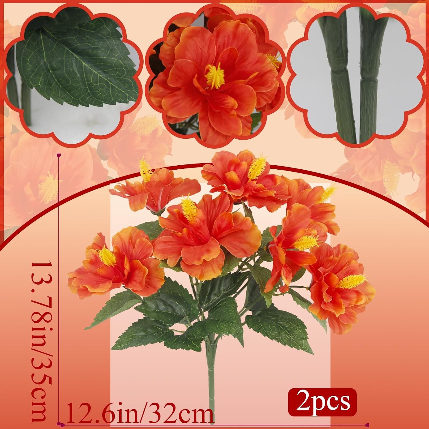 2 Pcs Artificial Outdoor Flowers Realistic Silk Fake Hibiscus Tropical Flowers
