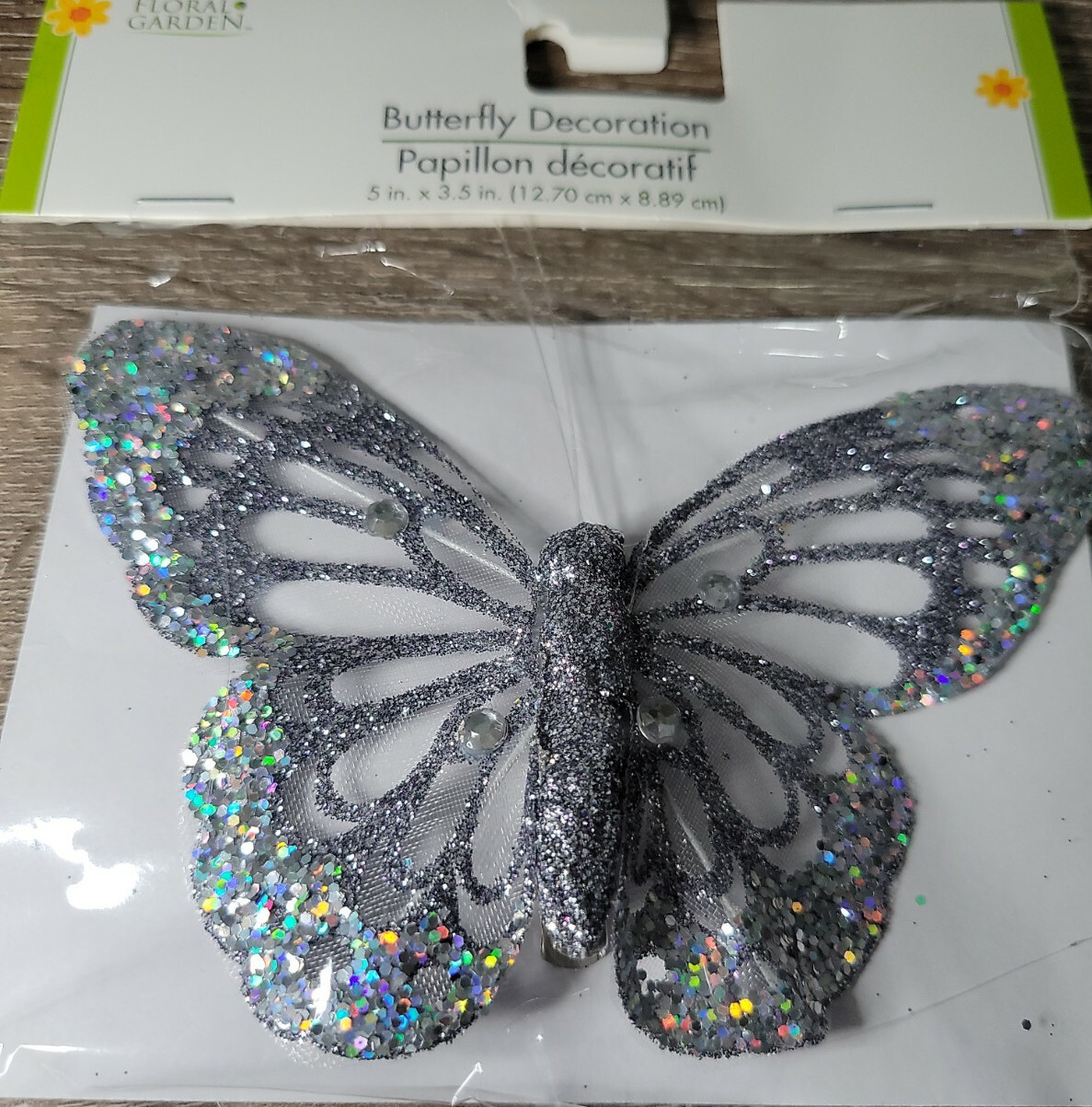 NEW! Floral Garden Sheer Rhinestone Glitter 5″x 3.5″ Silver Butterfly W/Clip-NEW