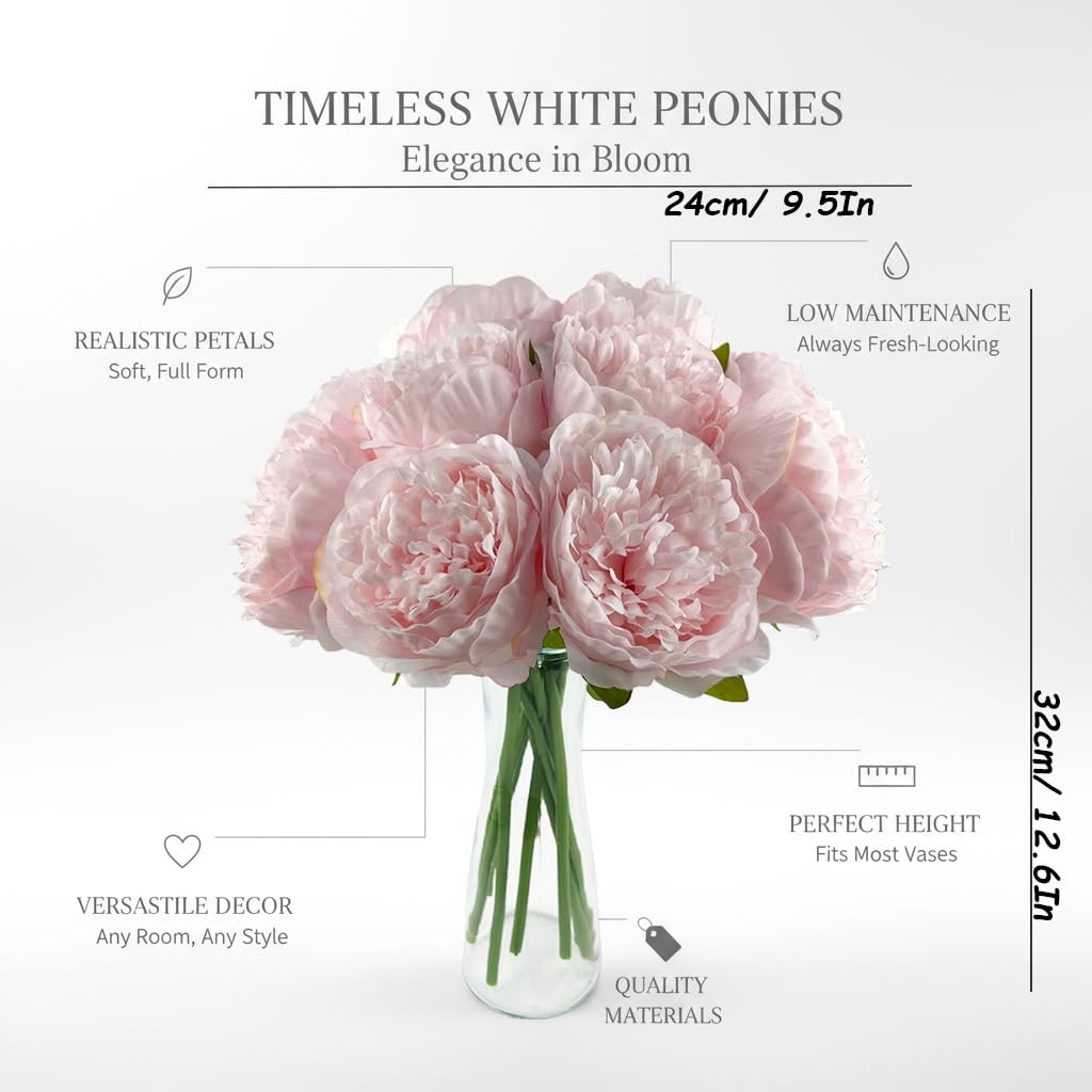 10 PCS Pink Artificial Peony Flowers Silk Real Touch Bouquet Wedding Decor