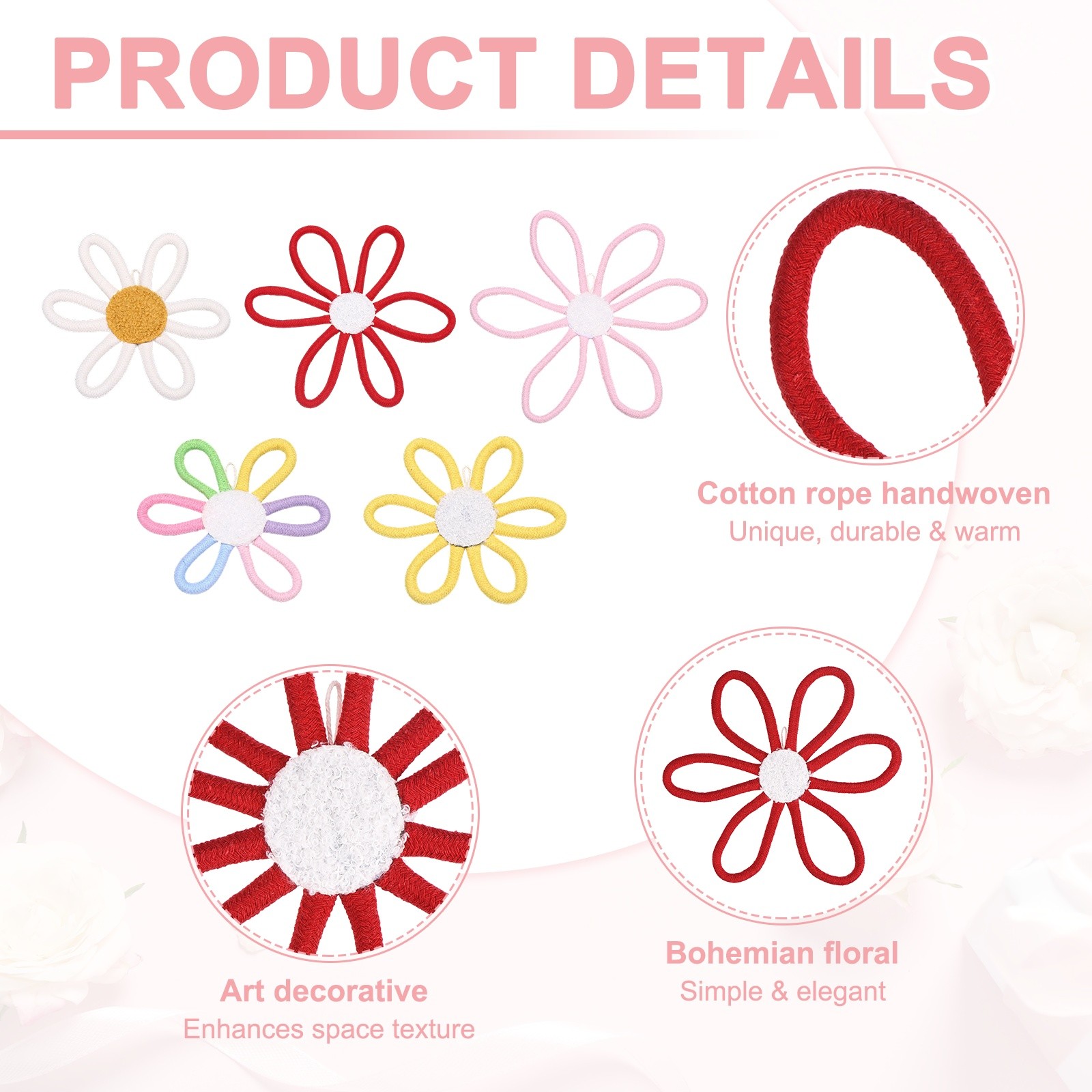 3Pcs Daisies Floral Wall Decor 3 Sizes Flower Art Decor Woven Macrame Bright Red