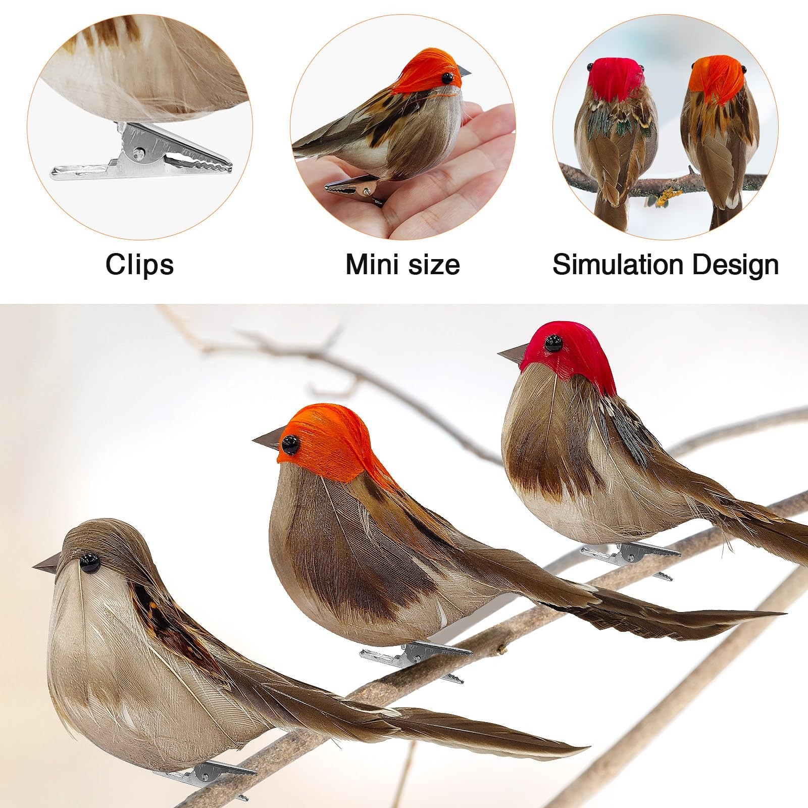 6 PCS Artificial Birds Clip On Ornaments Simulation Sparrow Craft Decor