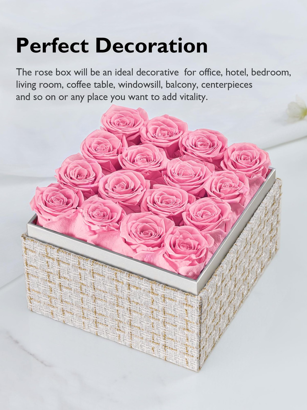 16 PCS Pink Preserved Real Roses Square Gold White Plaid Box Forever Flowers