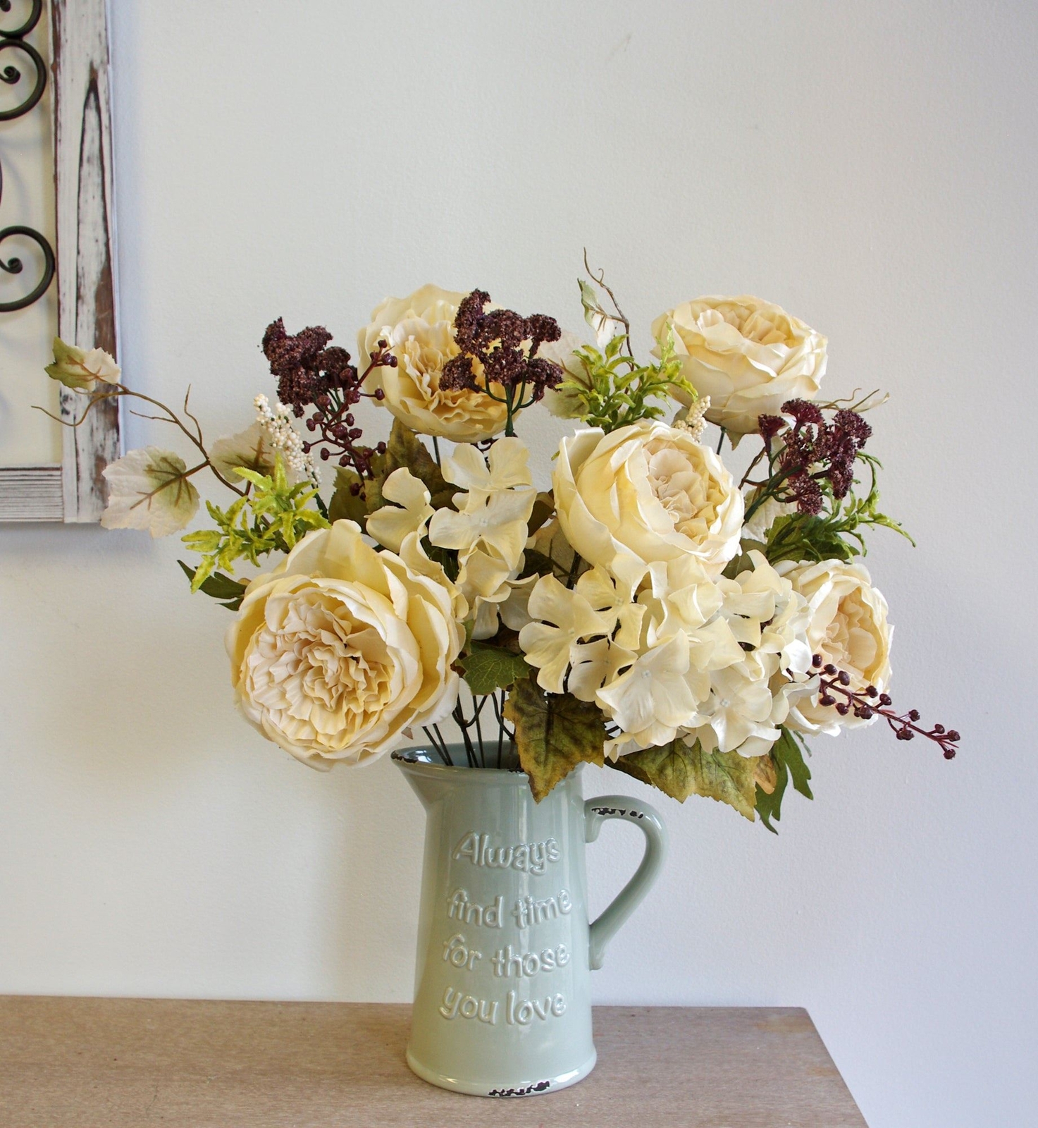 Cabbage Rose and Hydrangea Berry Bush, 20″H, Cream (Bush Only, Vase not included
