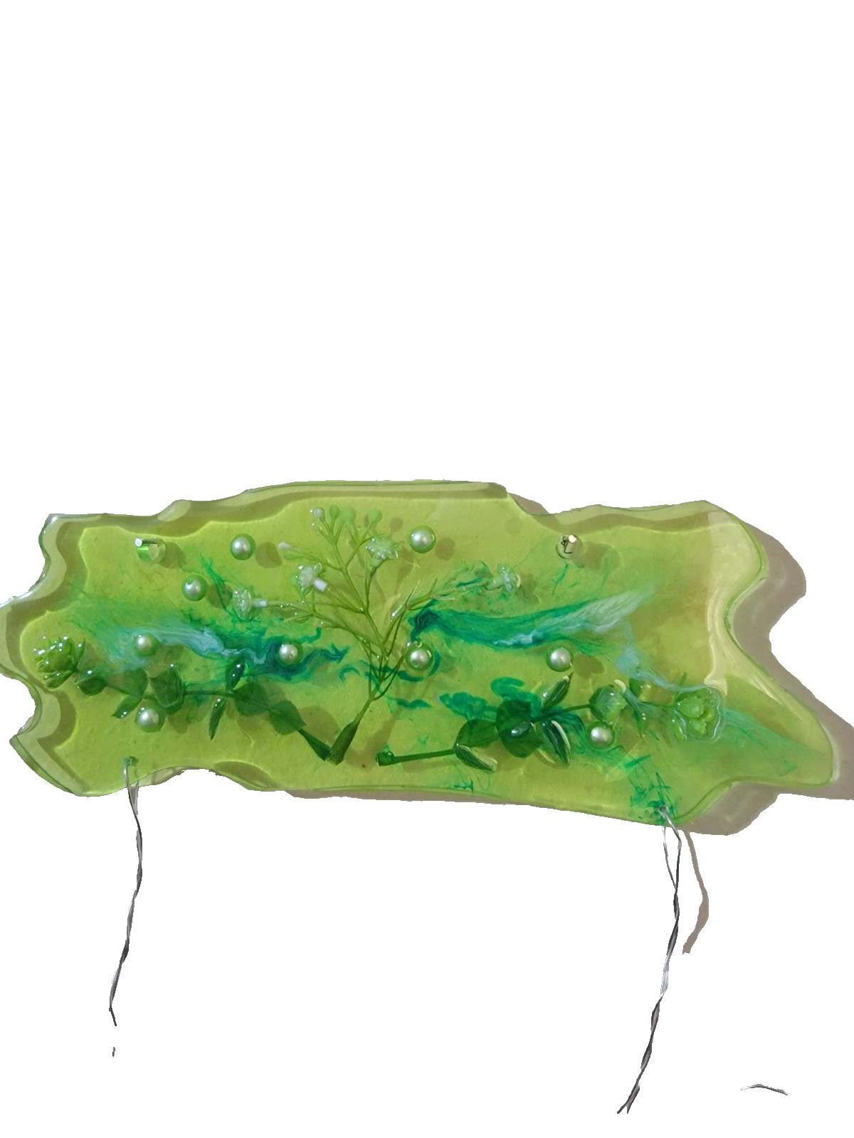 resin artwork wall decor green with bead and flowers 3×12