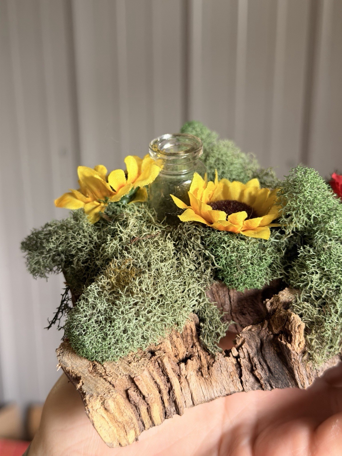 Rustic Woodland Moss Floral Centerpiece W Glass Bud Vases On Natural Bark Wood