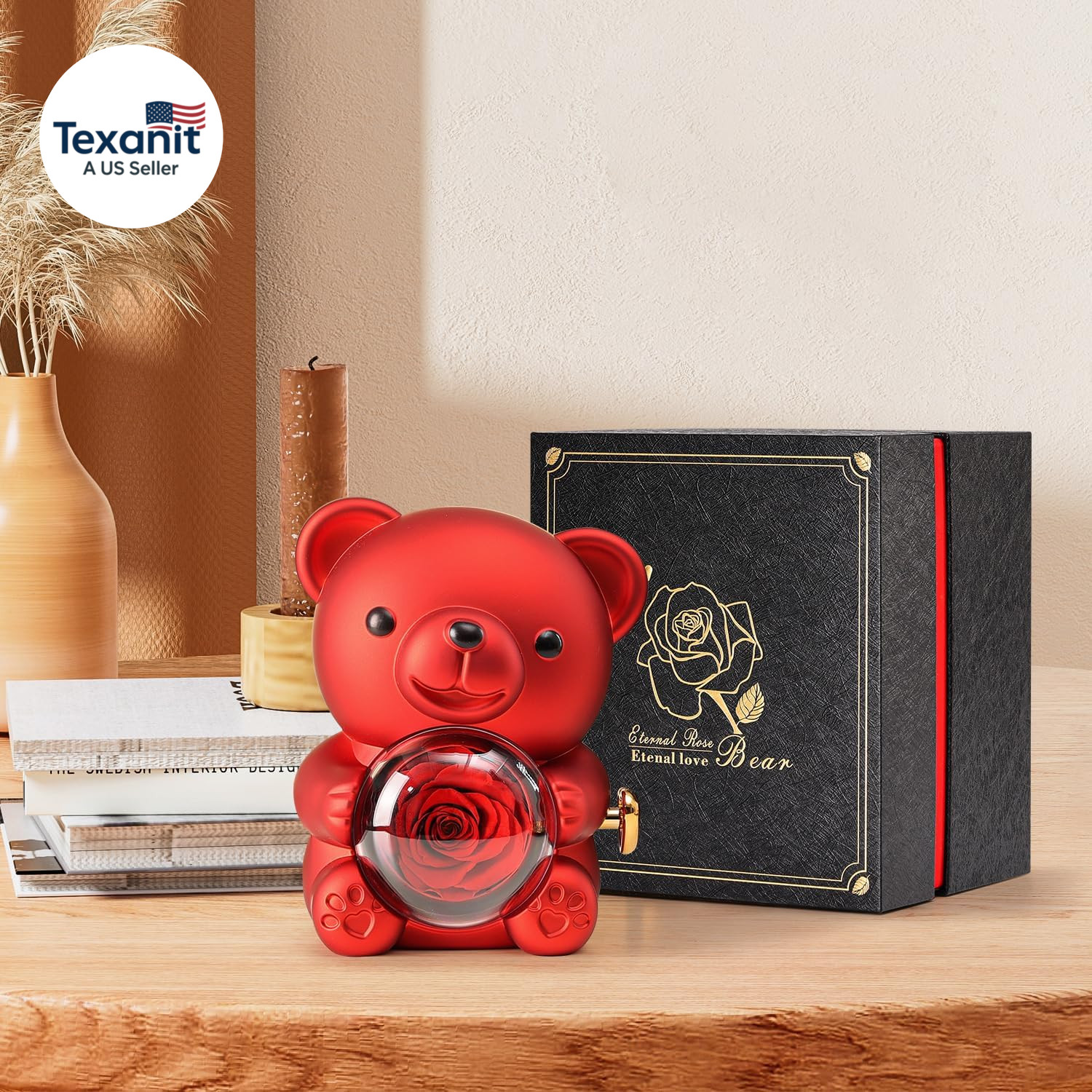 Cute Teddy Bear with Preserved Rose – a Real Rose Flower in Bear with Elegant Gi