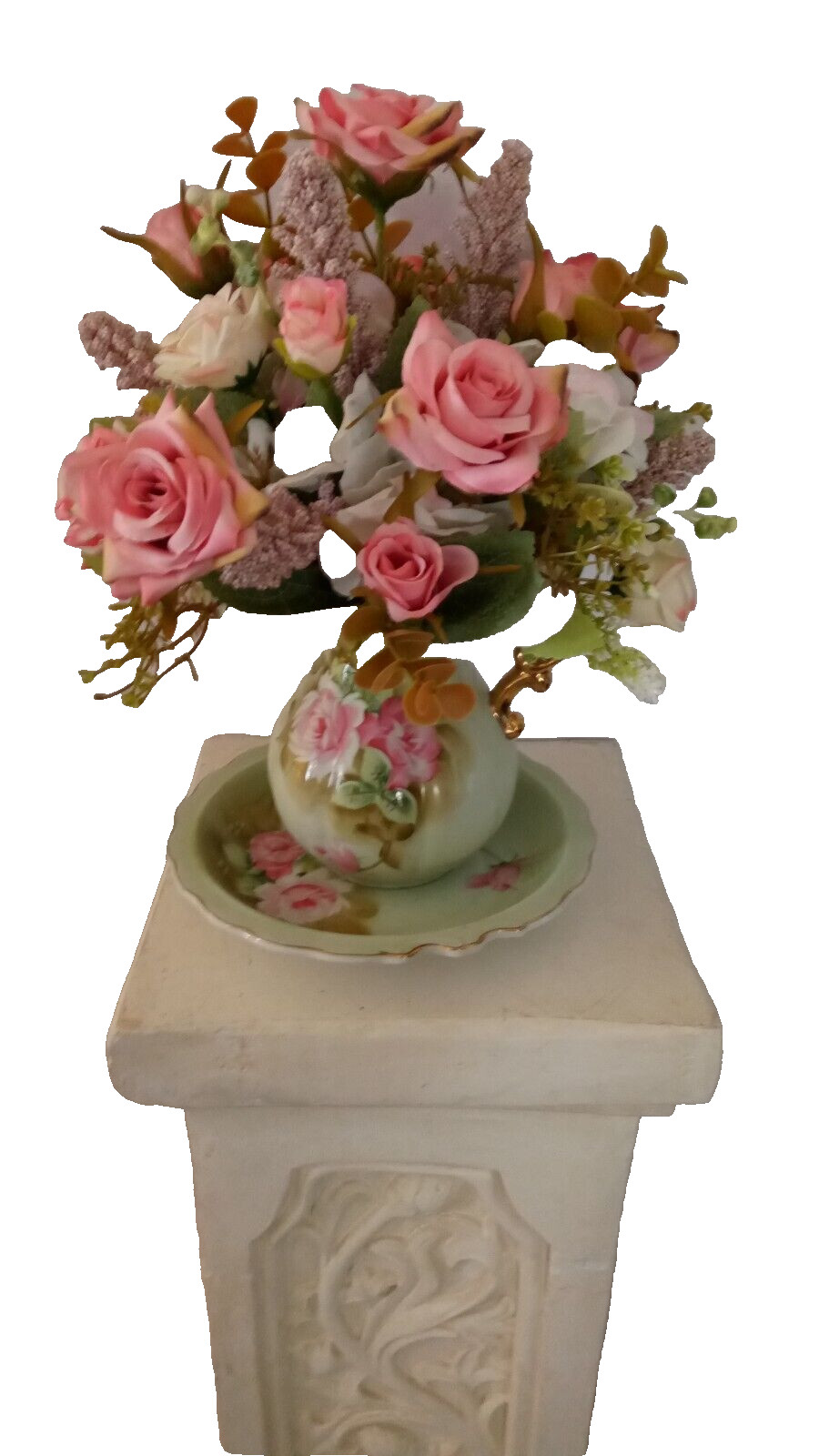 Vintage Lefton Bowl And Pitcher Filled With Beautiful Silk Flower Arrangement