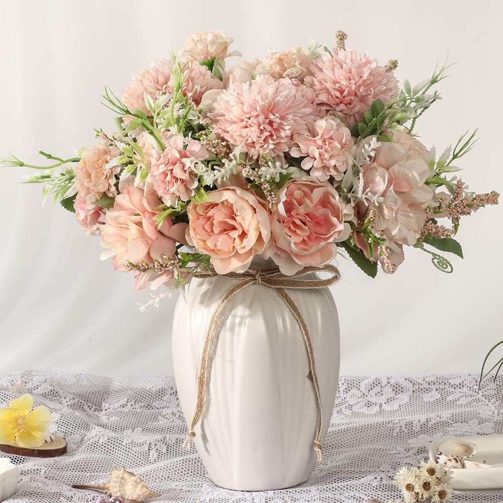 Pink Peony & Hydrangea Silk Flower Bouquet in Vase for Home Decor