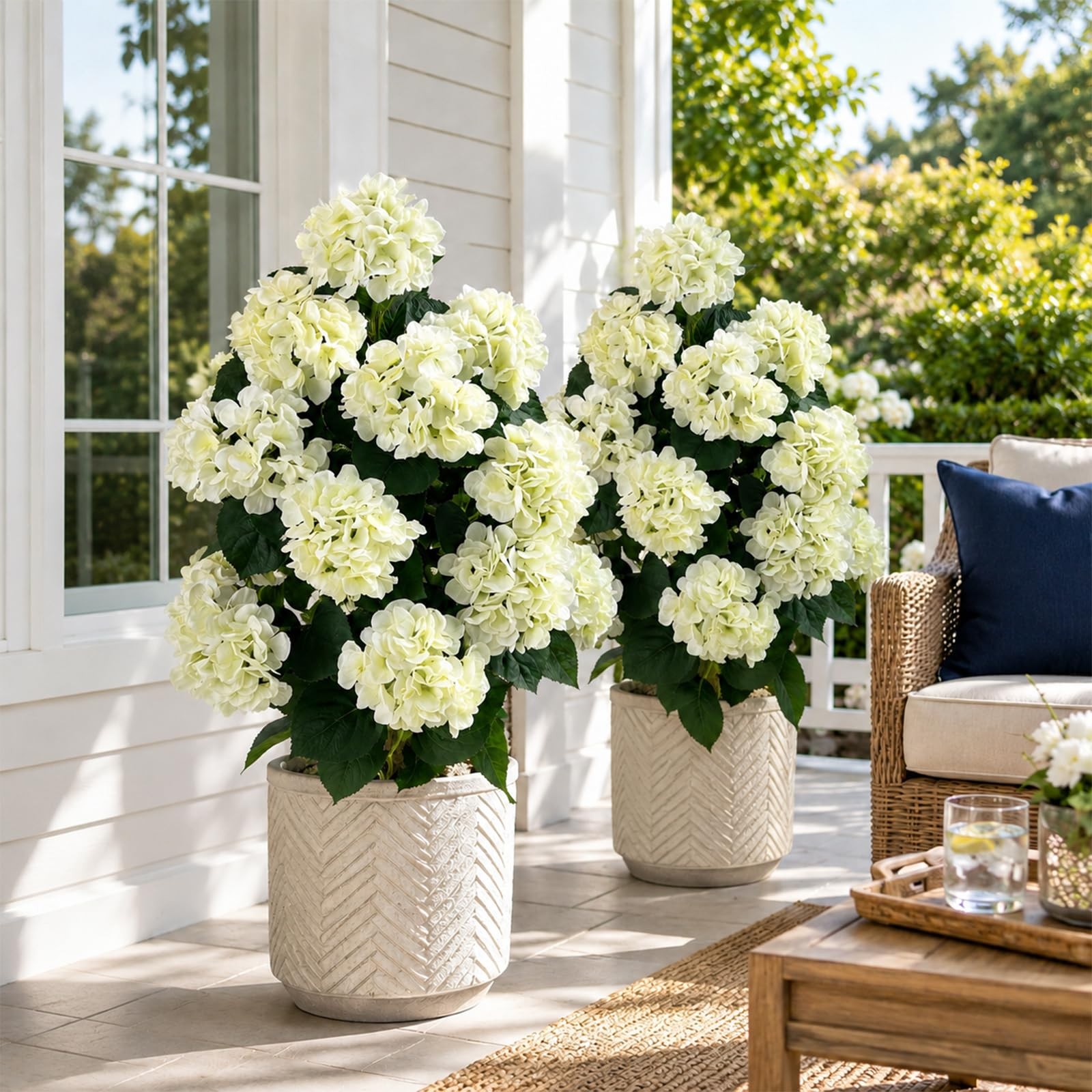 2 Pack Artificial Hydrangea Trees with White Flowers, UV Resistant