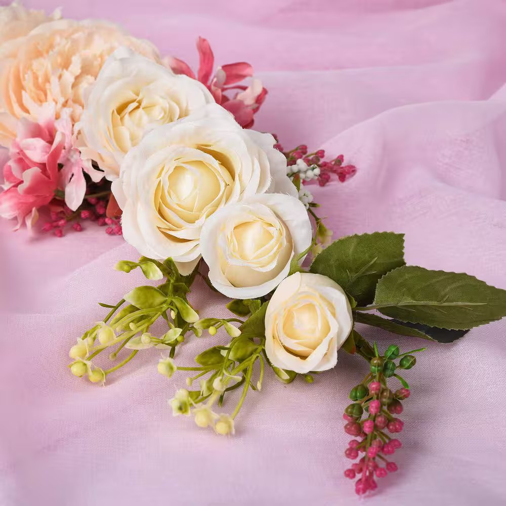 5 In. 25 In. Champagne Peony White Rose Artificial Flower Swag with Green Leaves