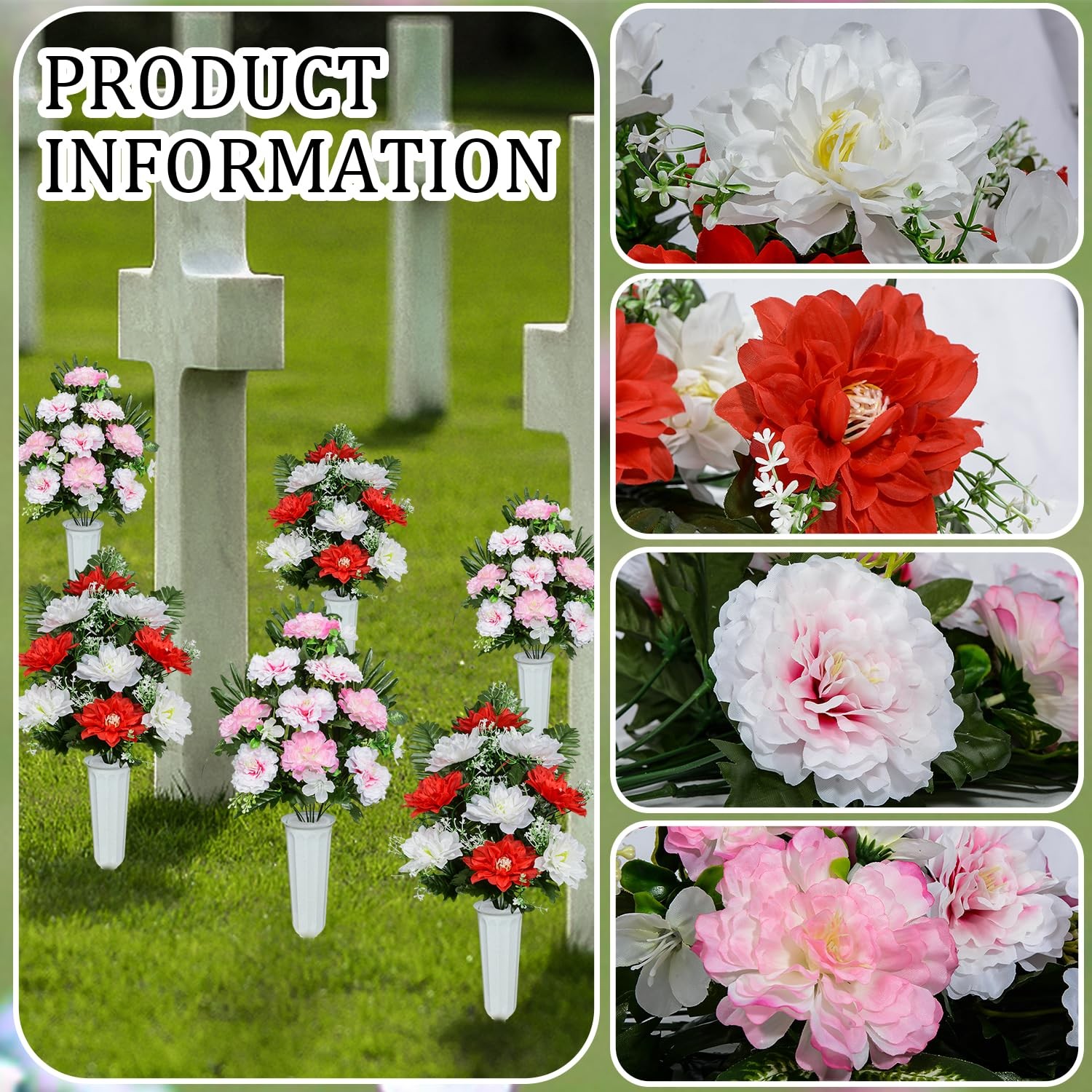 Artificial Cemetery Flowers, Spring Memorial Bouquet with Vase, Outdoor Grave…