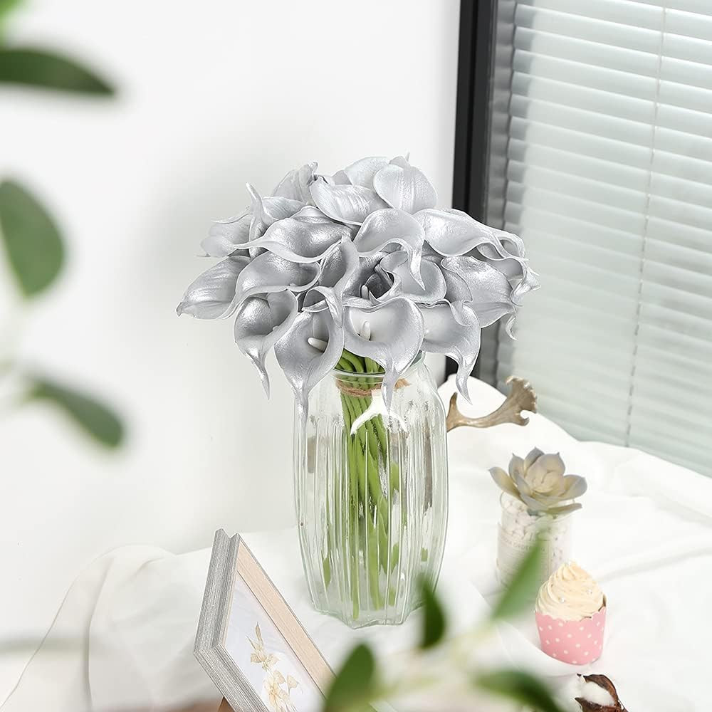 Silver Calla Lily Artificial Flowers, 24pcs for DIY Wedding Bouquets, Centerpiec