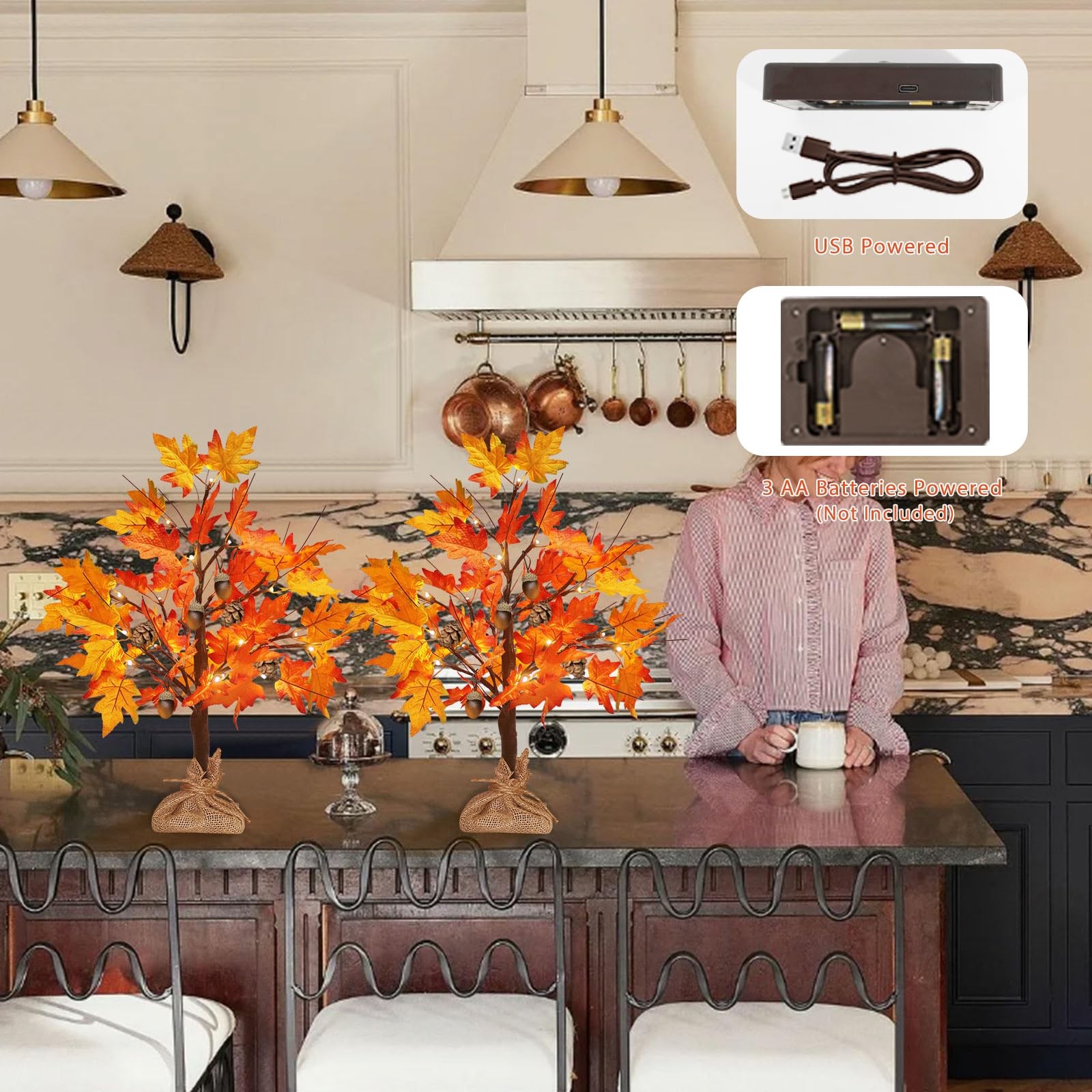 2 Pack 2 FT Fall Maple Tree Lights, Lighted, Acorns, Pine Cones, Decor, USB
