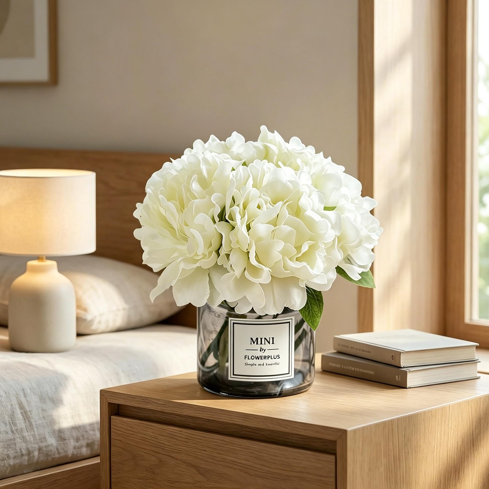 Artificial Hydrangea Flowers with Vase Realistic Faux Peonies, White Hydrange…